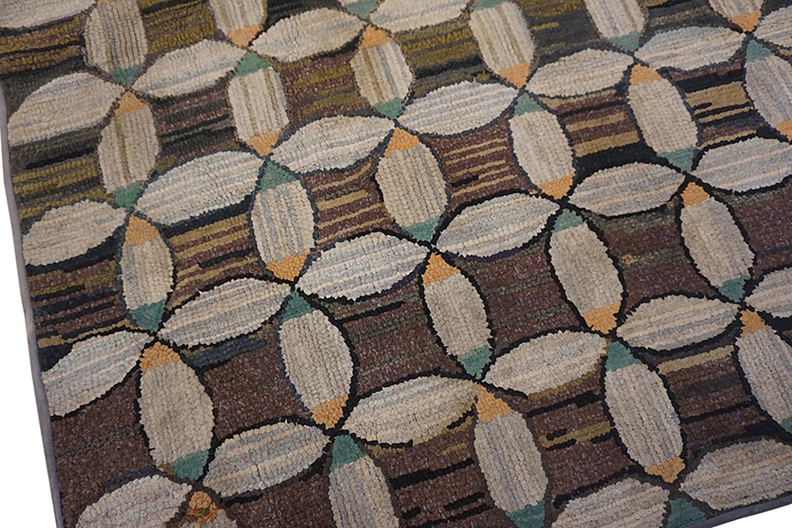 Brown Late 19th century Antique Geometric Folk Art Design American Hooked Rug