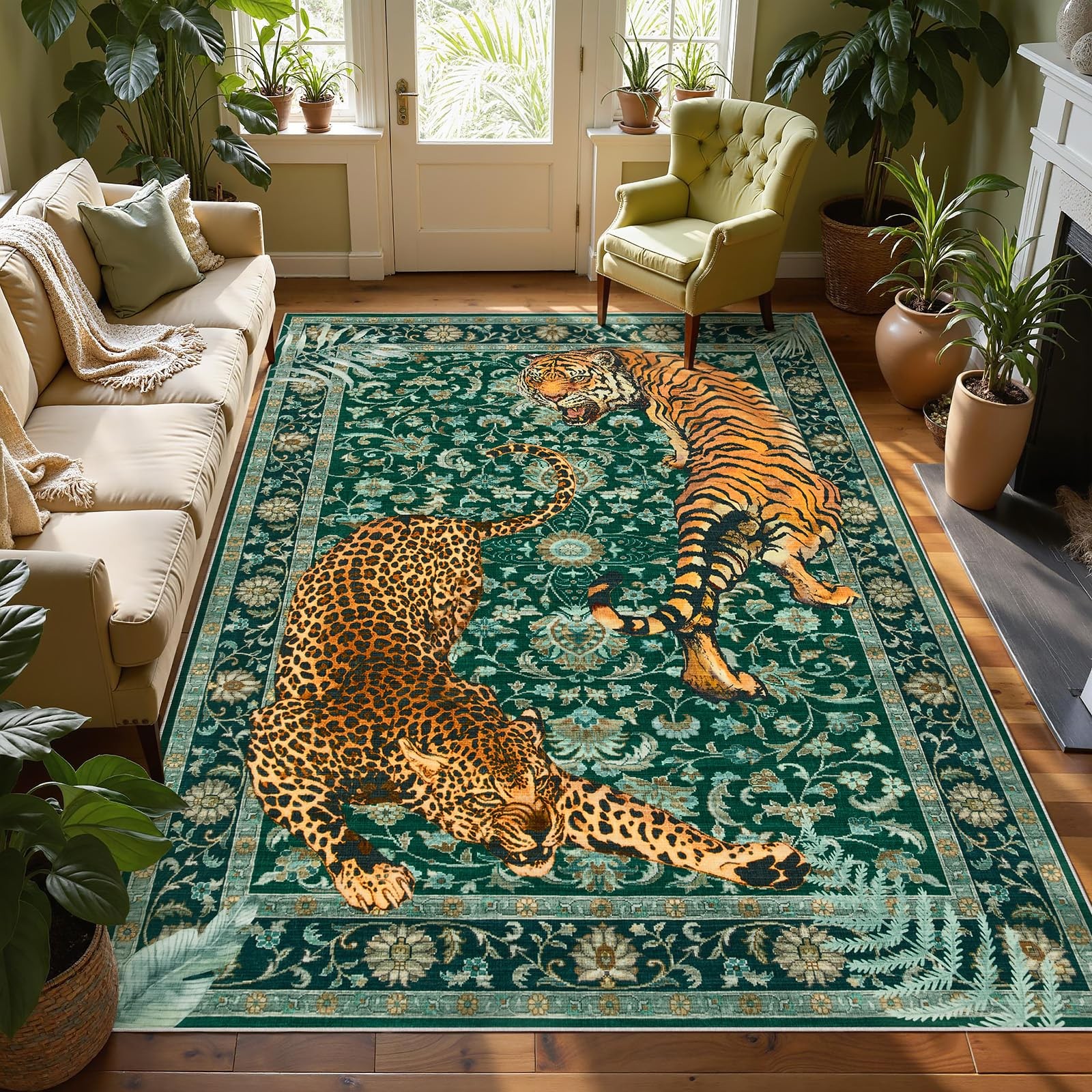 Joydeco Tiger Print Boho Green 5×7 Washable Rug 5′ x 7′ (Rectangular),