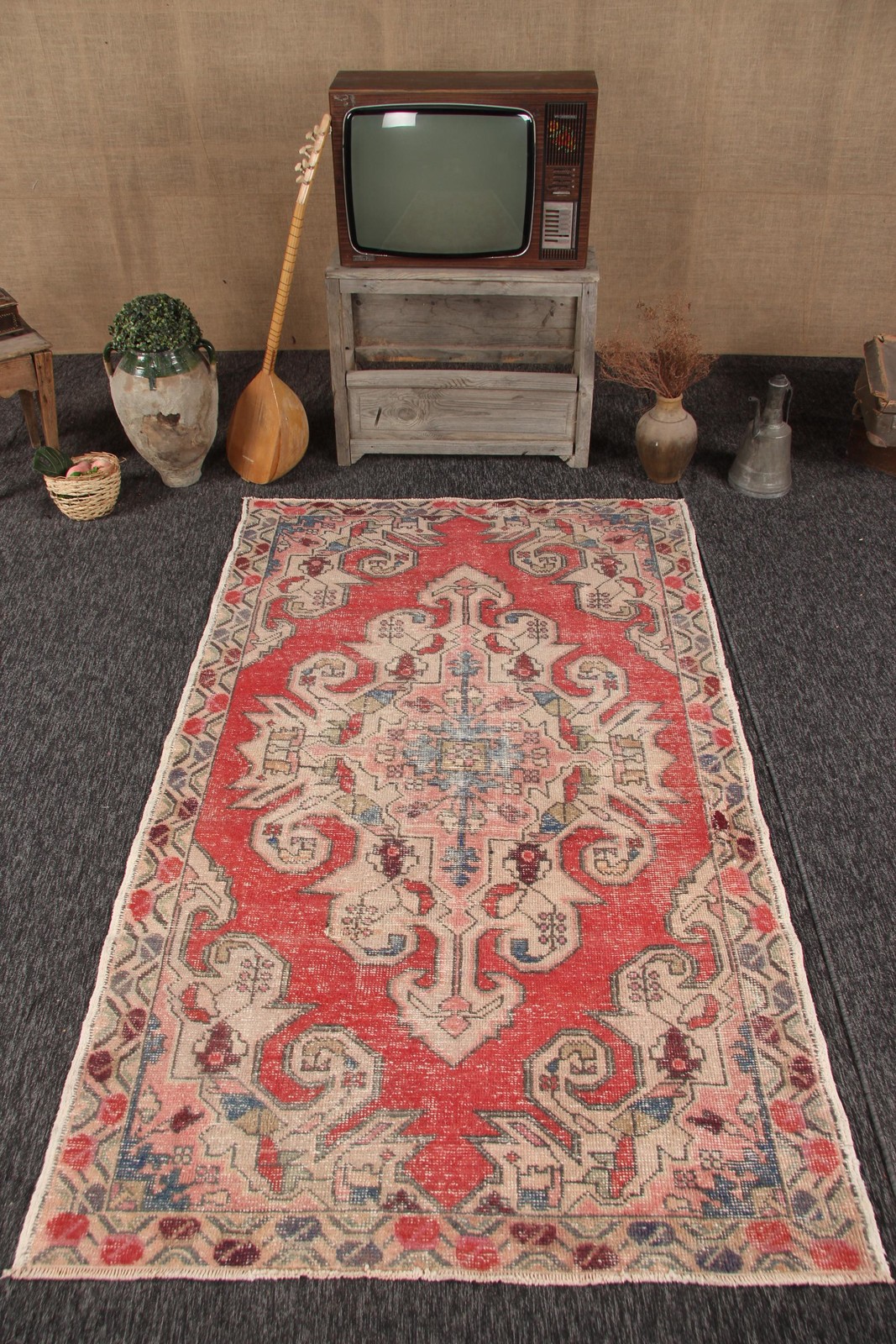 4,3×7,3 ft Vintage Rug, Rug, Red Patchwork Rug Wool