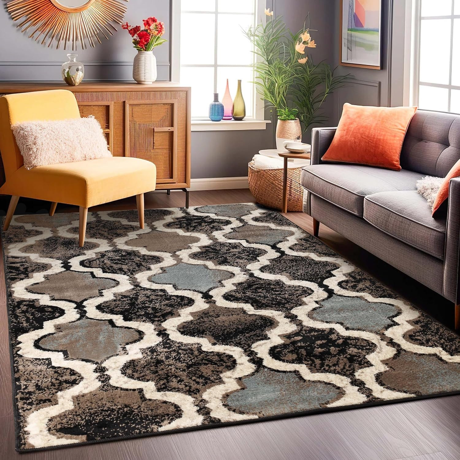 Modern Geometric Trellis Area Rug, Jute Backed, 5′ x 8′, Chocolate