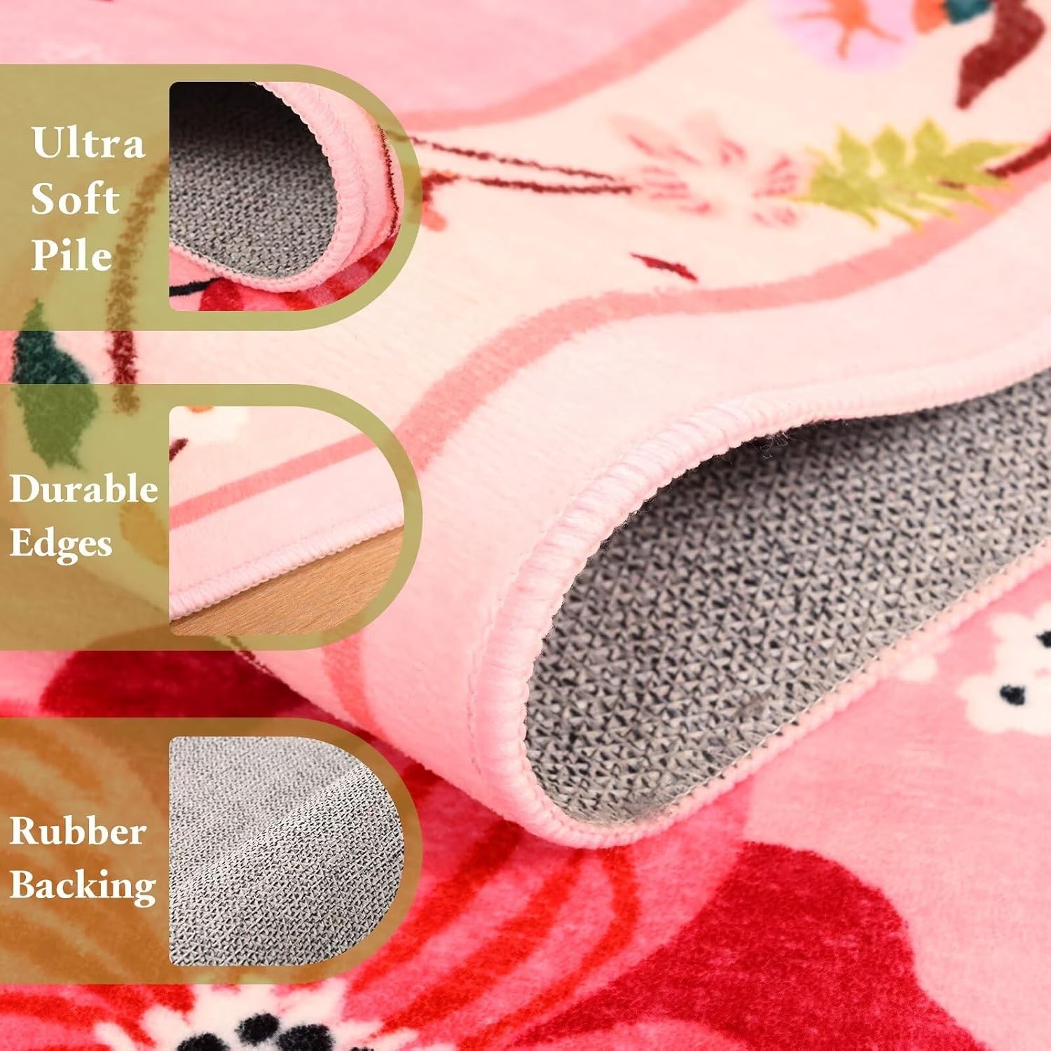 Pale Pink Rug for Girls Room, 5×7 Floral Washable Area Rug Non Slip, Boho Low…