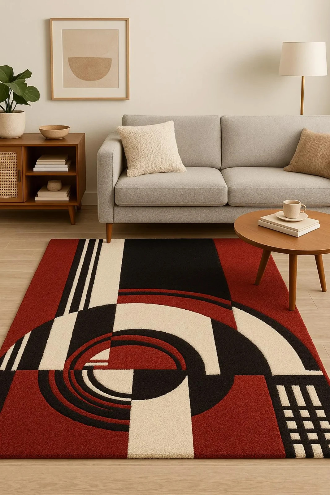 Modern Geometric Hand-Tufted Rug – Red, Black & Cream | Art Deco Style | Premium