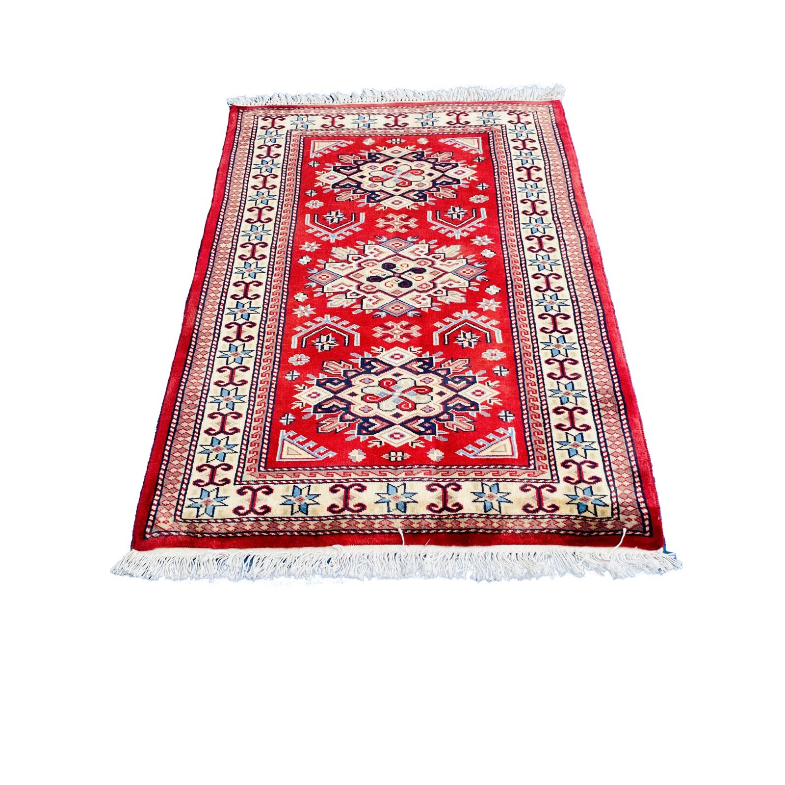 Area Rug Red Kafkazi Geometric Hand Knotted Wool Silk Indoor Carpet (4.0 x 2.7)’
