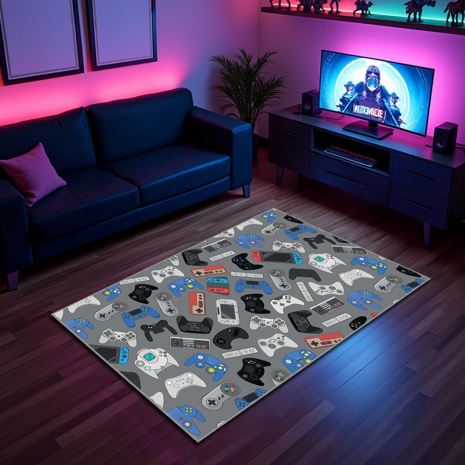 Nostalgic Game Controllers Pattern Nonslip Washable Gaming Room Rug Retro Mat