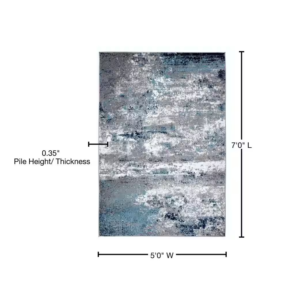 Distressed Modern Abstract Watercolor Blue 5 Ft. X 7 Ft. Area Rug