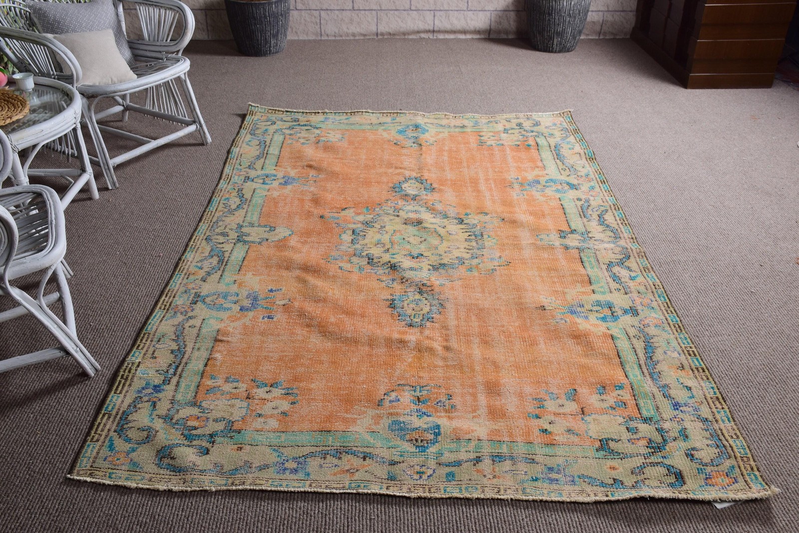 5,2×7,6 ft Turkish Vintage Rug, Area Rug, Orange Bordered Rug