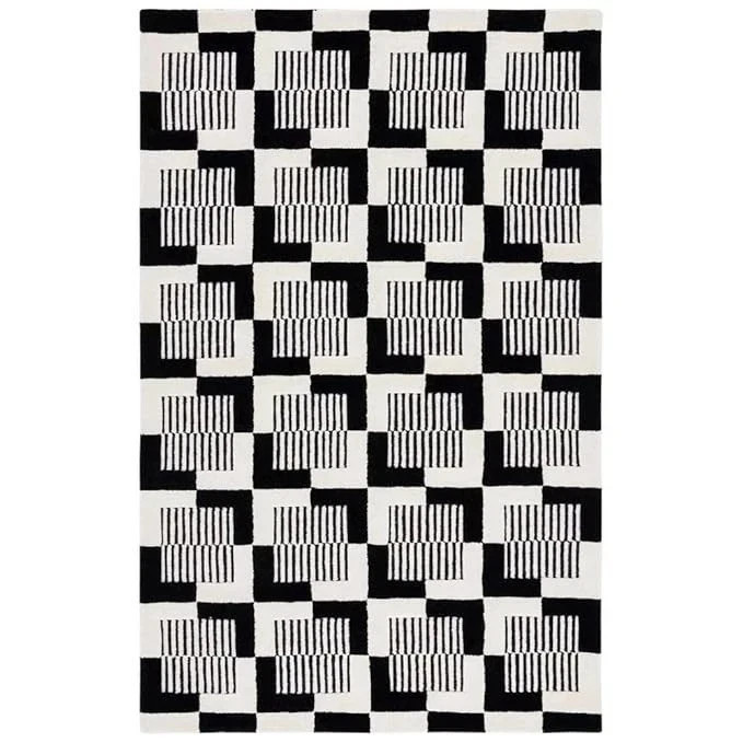 Handmade Black White Graphic Wool Area Rug | Modern Grid Pattern Hand Tufted Rug