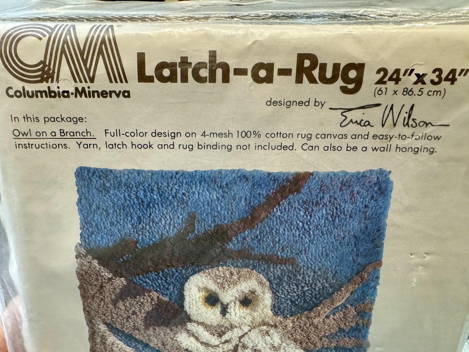 Vintage 1979 Sealed Boho Owl On A Branch Cotton Rug Canvas Only 24” X 34”