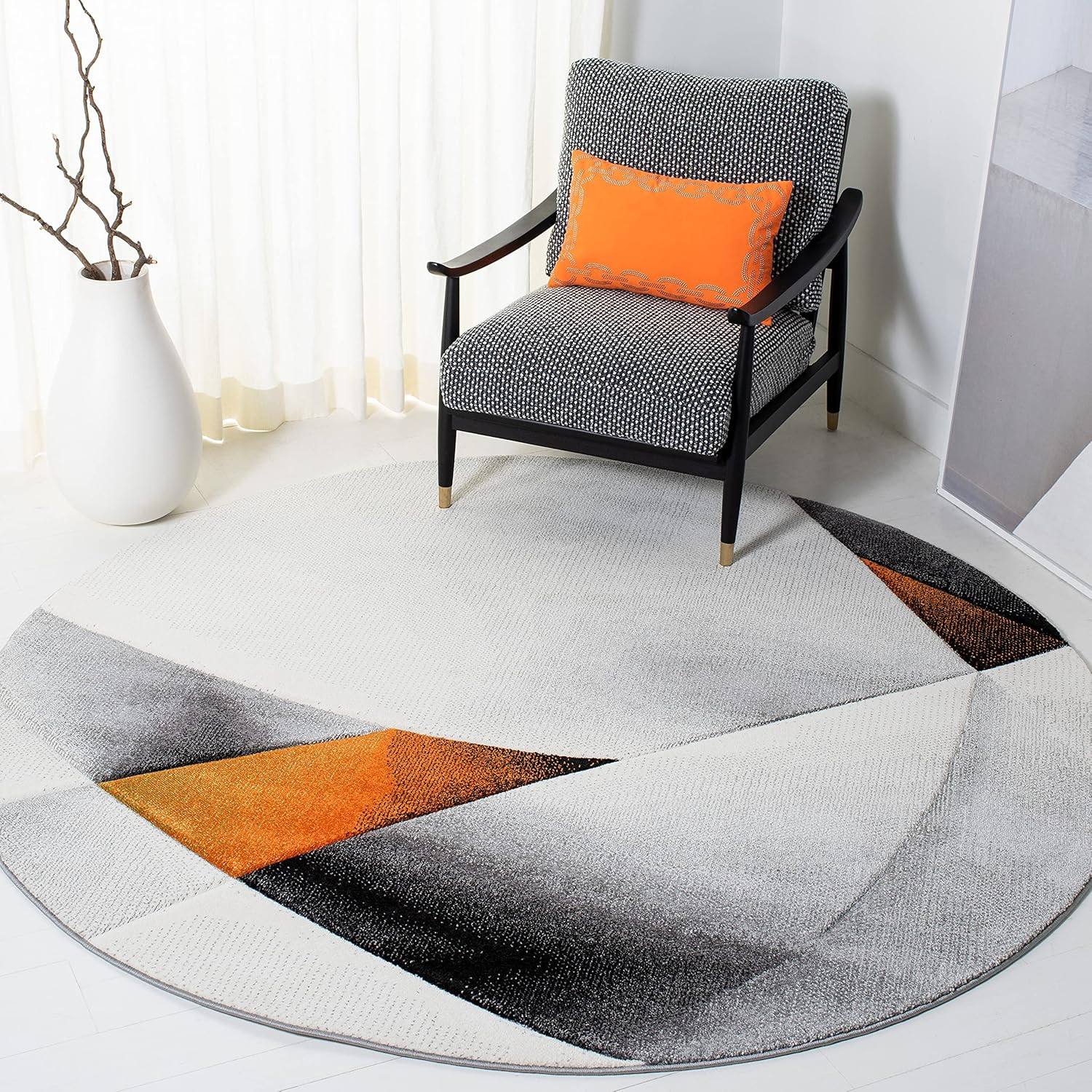 Mid-Century Modern 6’7″ Round Grey/Orange Area Rug for Dining Room & Living Room
