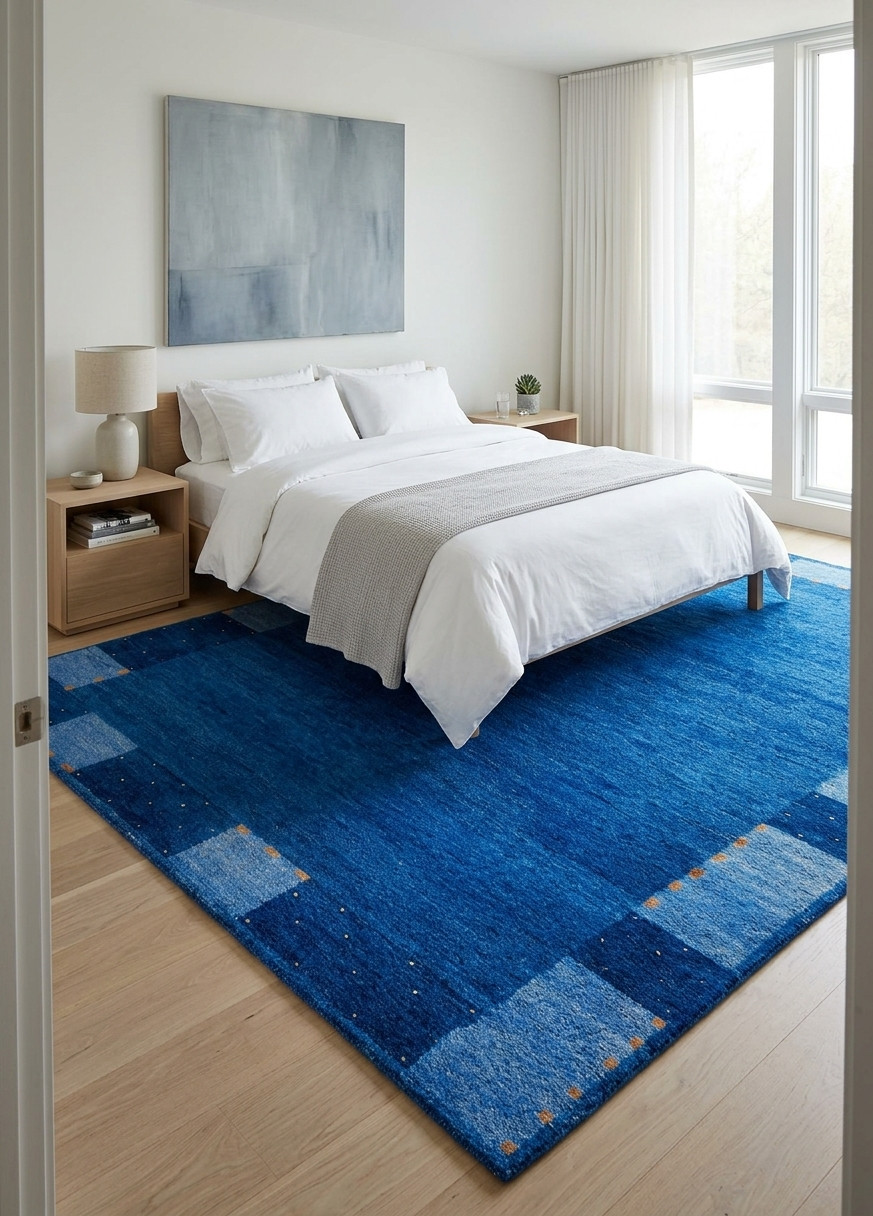 Handloom Gabbeh Wool Rug – Cobalt Blue Sky Minimalist Area Rug for Living Room