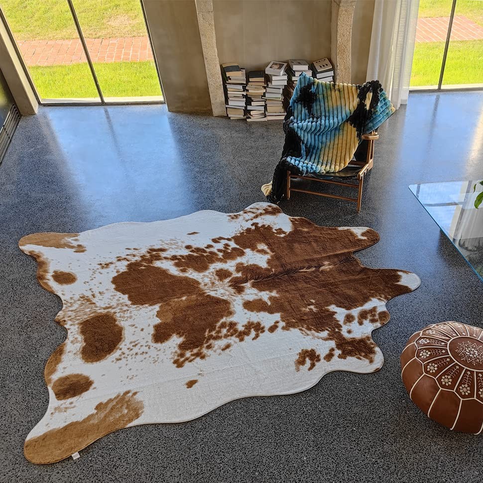 Premium Brown Cowhide 6.4 x 8.5 ft Area Rug – Faux Cow Fur Rug, Soft