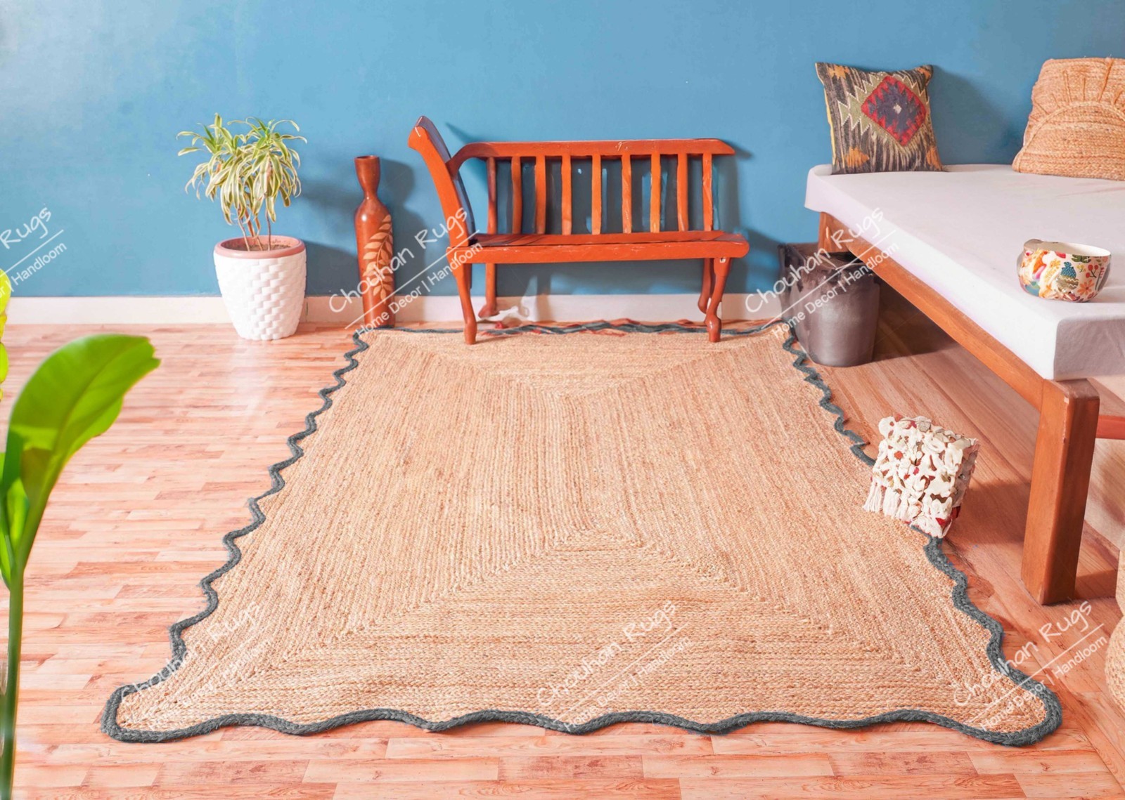 Handmade Jute Rug Beige With Dark Grey Border Boho Large Area Rug Vintage Rug