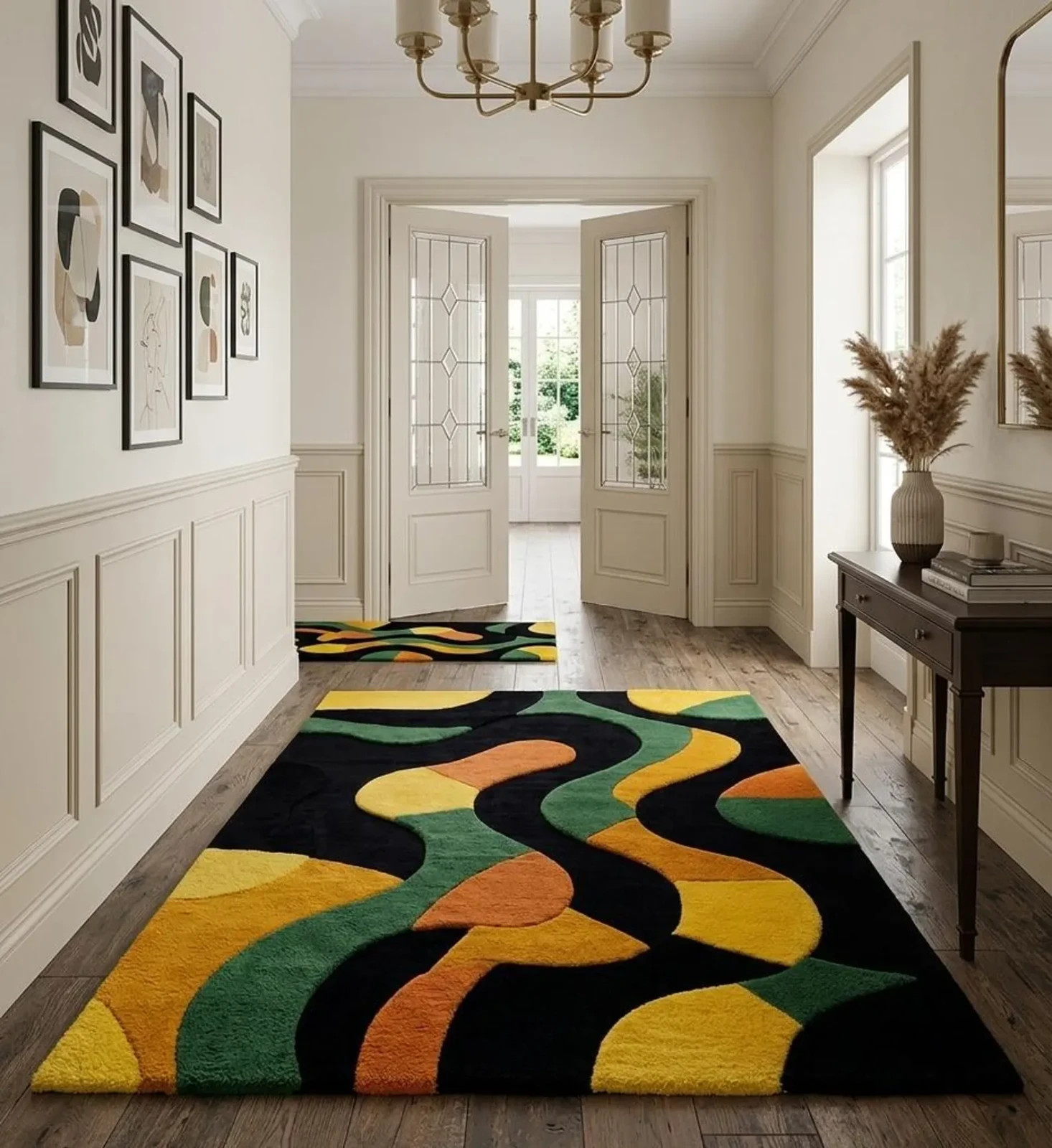 Hand Tufted Wool Area Rug, Luxury Glow Ocher Multi Geometric Linear Design Rug