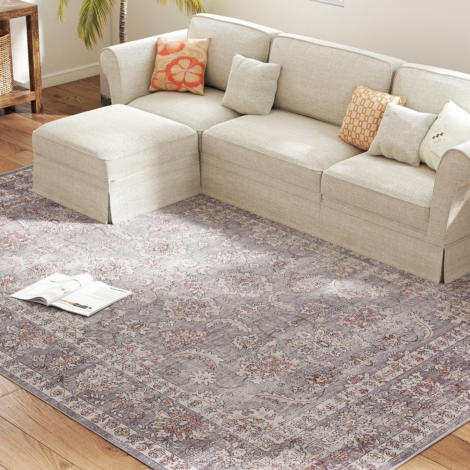 Area Rug 8×10, Washable Flower Print Floor Carpet, Mixed-Brown