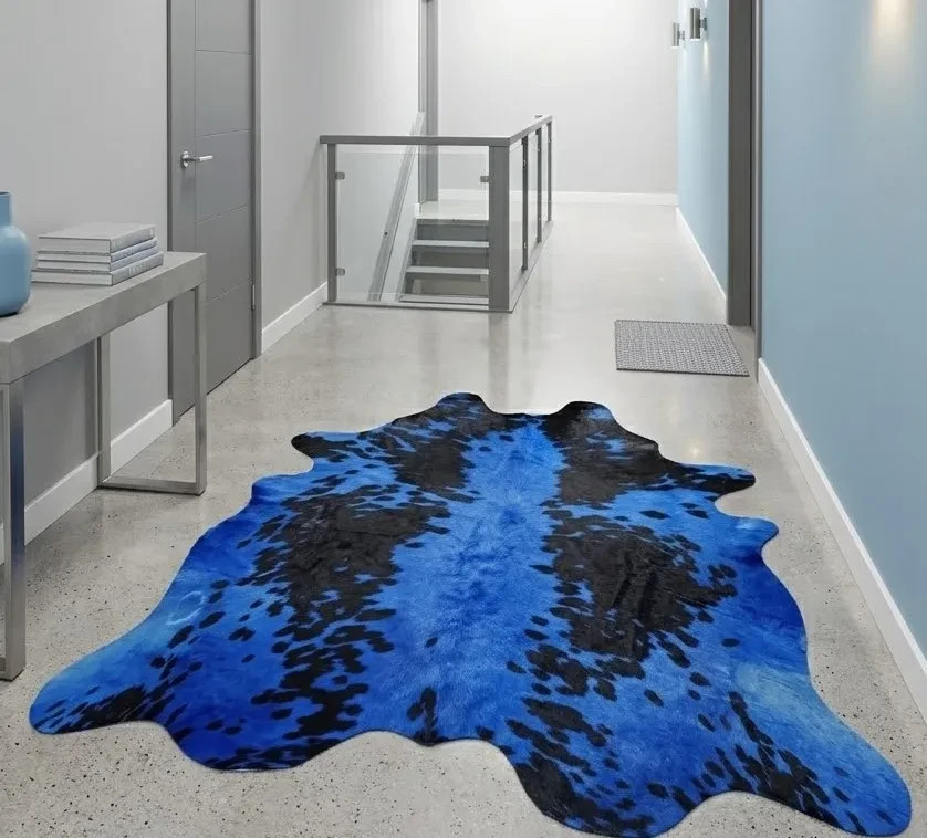 Real Cowhide Rug Dyed Blue Black Spots 5×5 Genuine Hair On Hide Area Rug