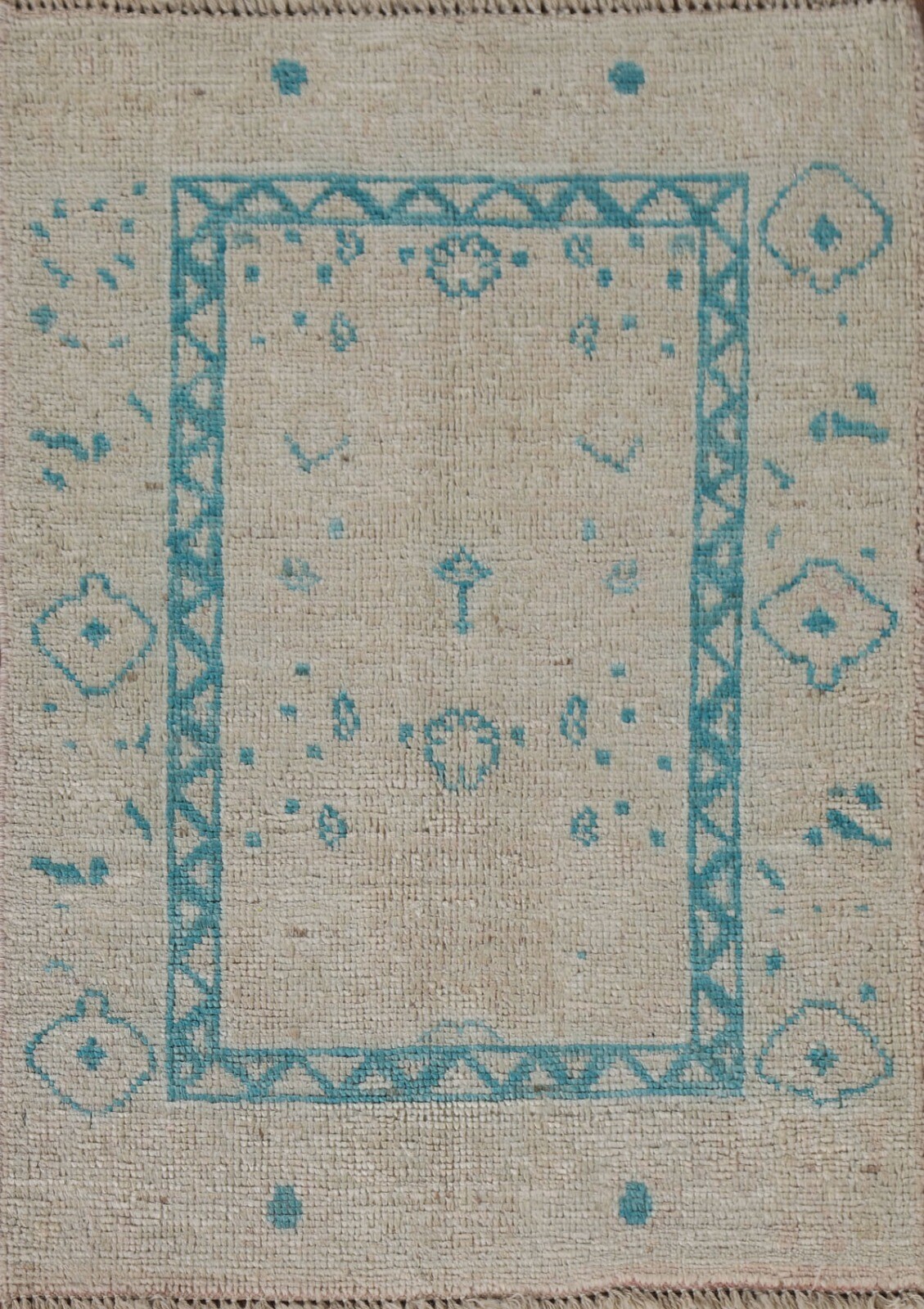 Beige/Teal Oushak Turkish Accent Rug 2×3 ft. Vegetable Dye Handmade Wool Carpet