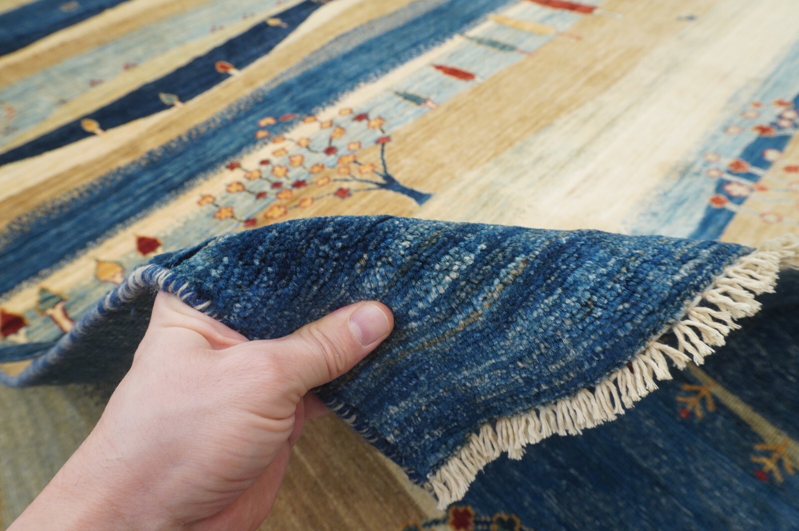 9 x 12 ft Navy Blue Beige Landscape Gabbeh Tribal Afghan Hand Knotted Area Rug