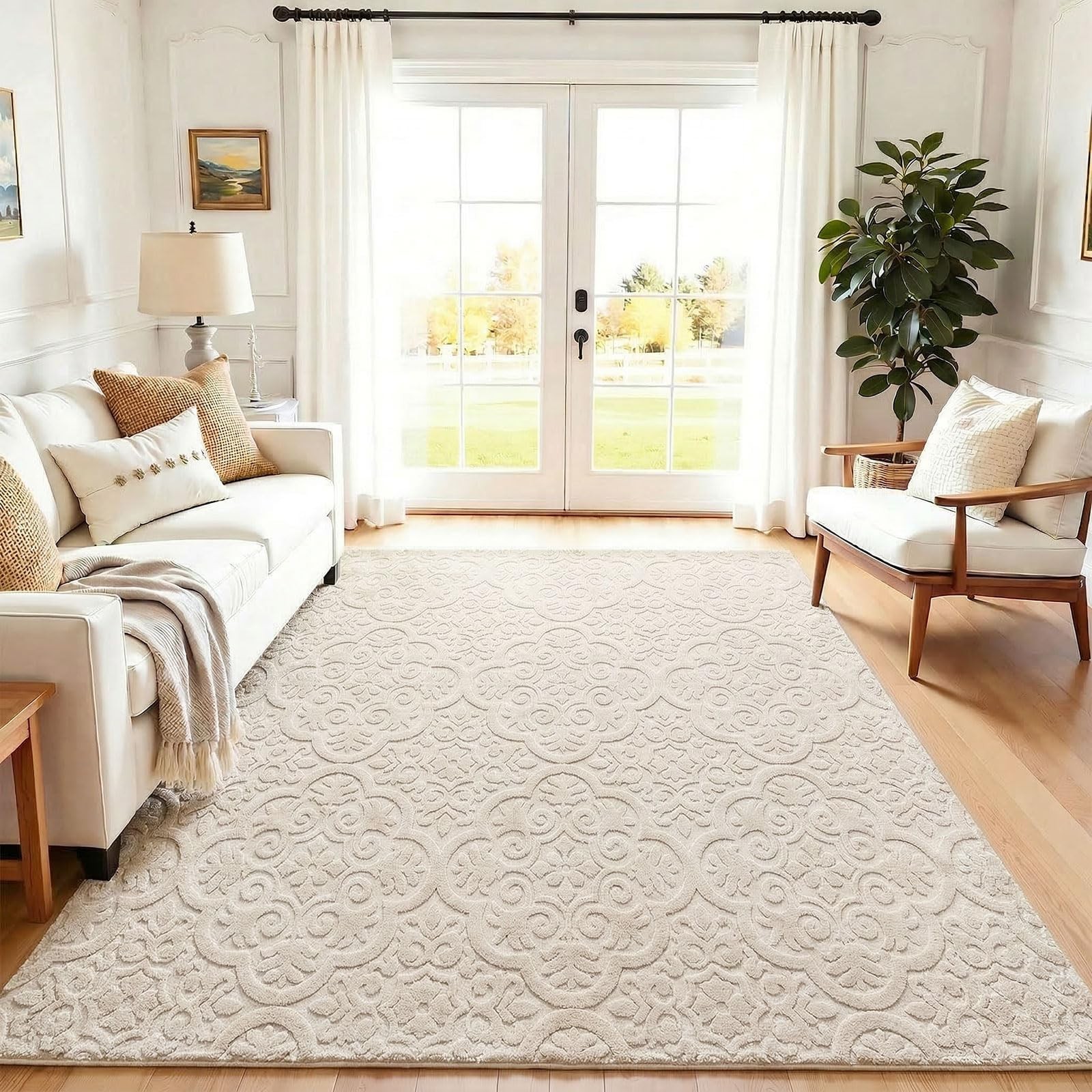Washable Area Rug 8x10ft High-Low Pile 0.5/1cm Neutral Beige – Non Slip Soft