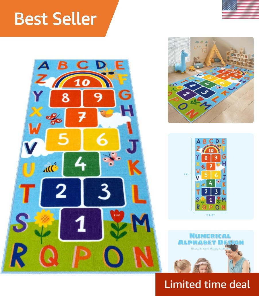 Kids Play Rug Washable Non Slip Educational ABC Numbers Room Decor Blue