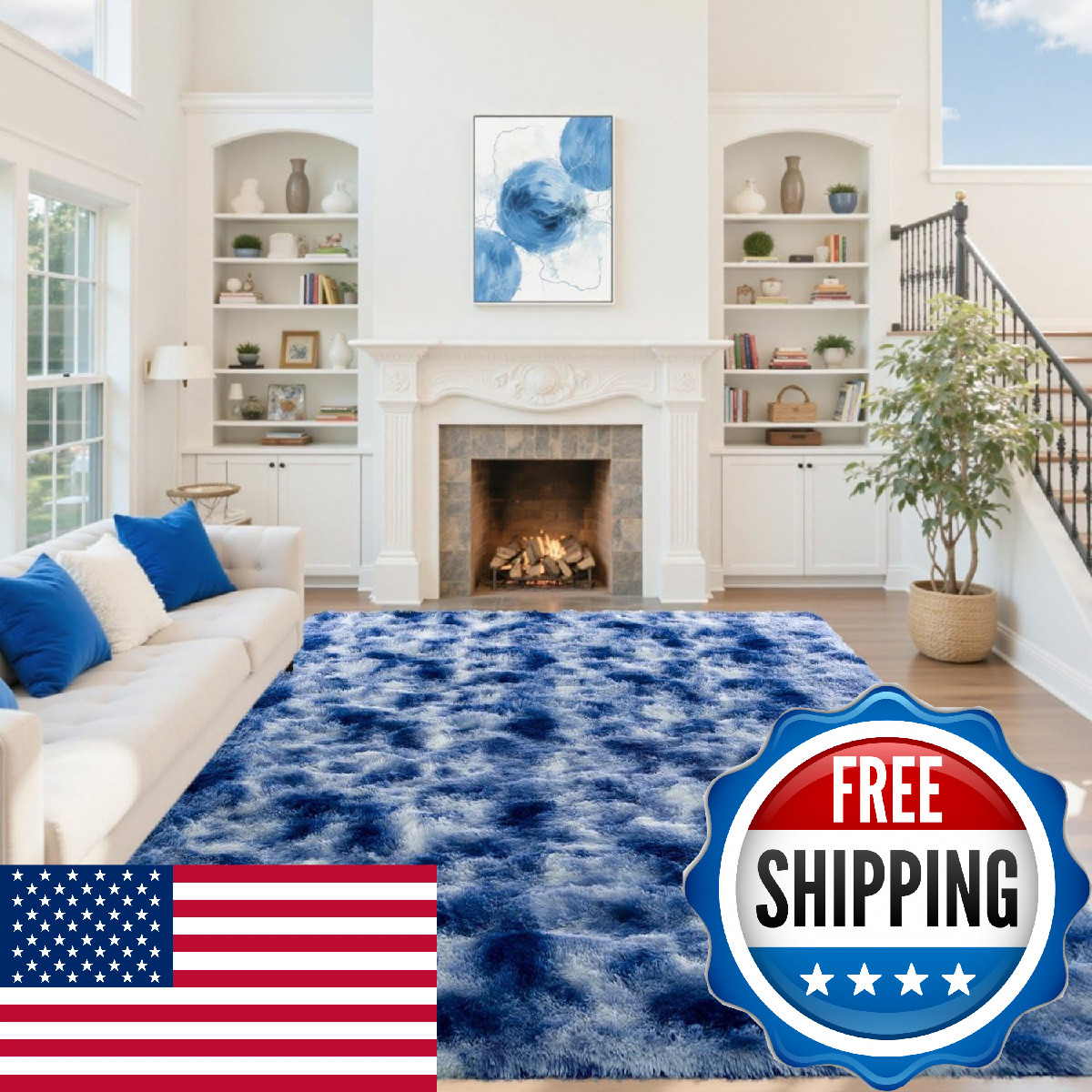 LòUtiroot Home 6X9 Ft Fuzzy Rug For Living Room Soft Fluffy Blue White Bedroom