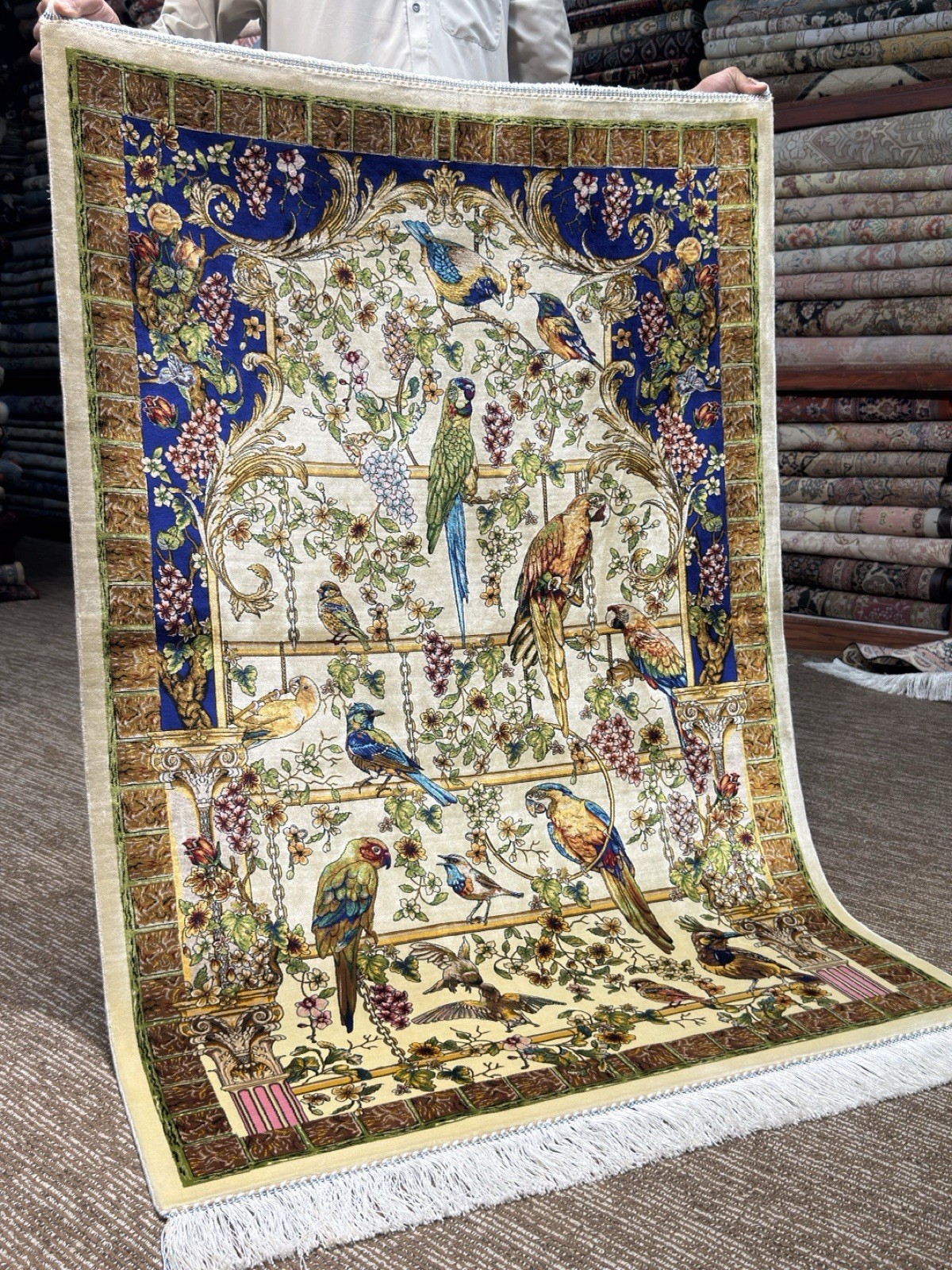 3×5 Ft Silk Rug Parrots Royal Garden Birds Tapestry Wall Hanging Art Area Carpet