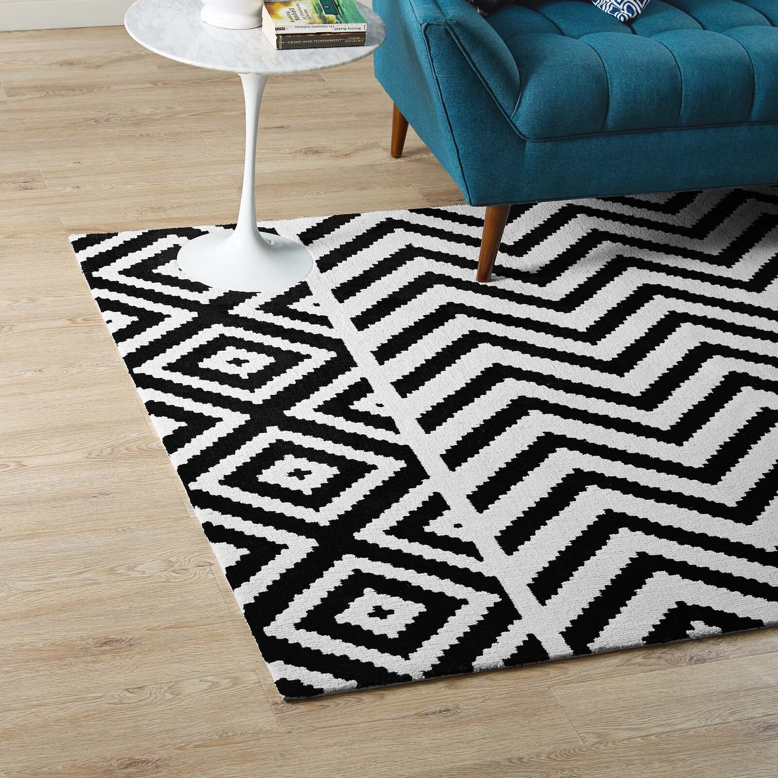 Modway Ailani Geometric Chevron / Diamond 8×10 Area Rug in Black and White