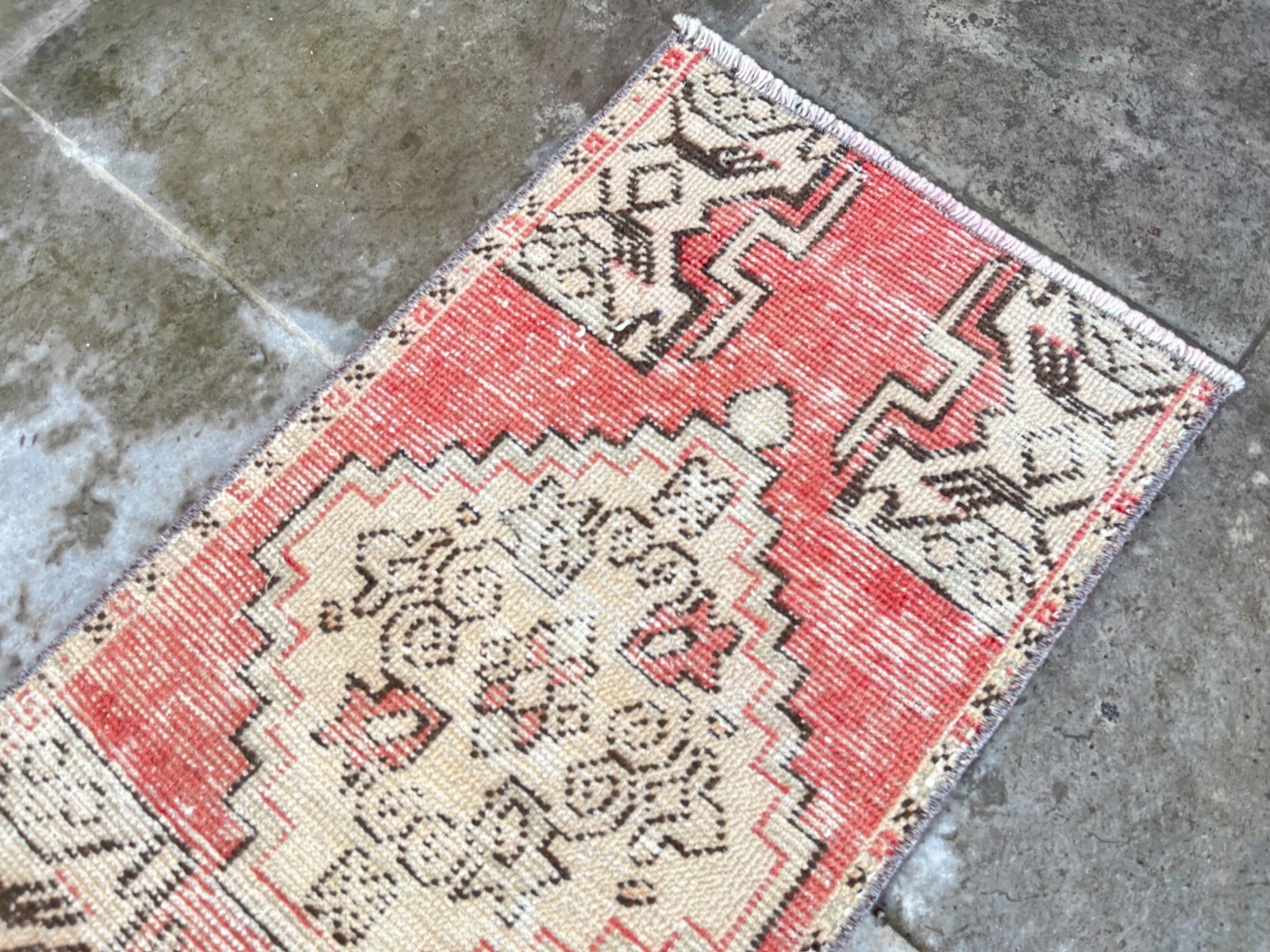 Vintage Turkish Rug 1.4×2.5 ft Hand-Knotted Wool Door Mat Boho Tribal Accent Rug