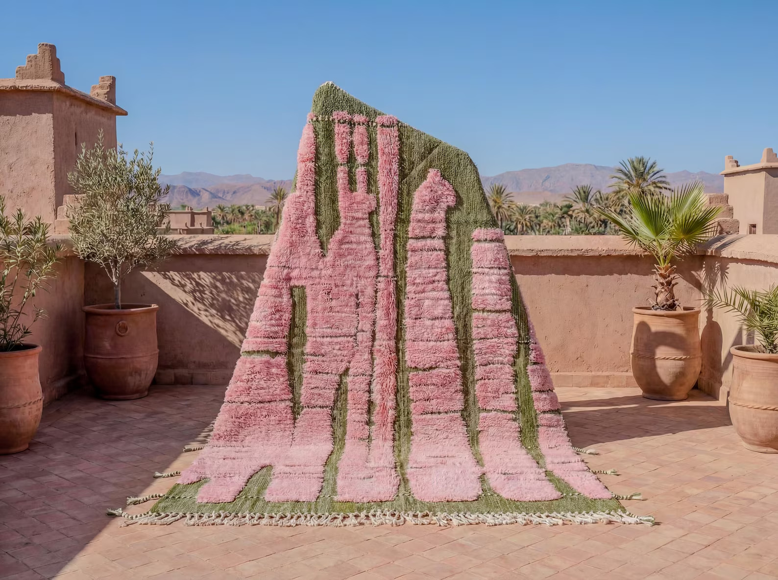 Green & Pink Bohemian Rug – Handmade Moroccan Wool Area Rug, Modern Design Rug.