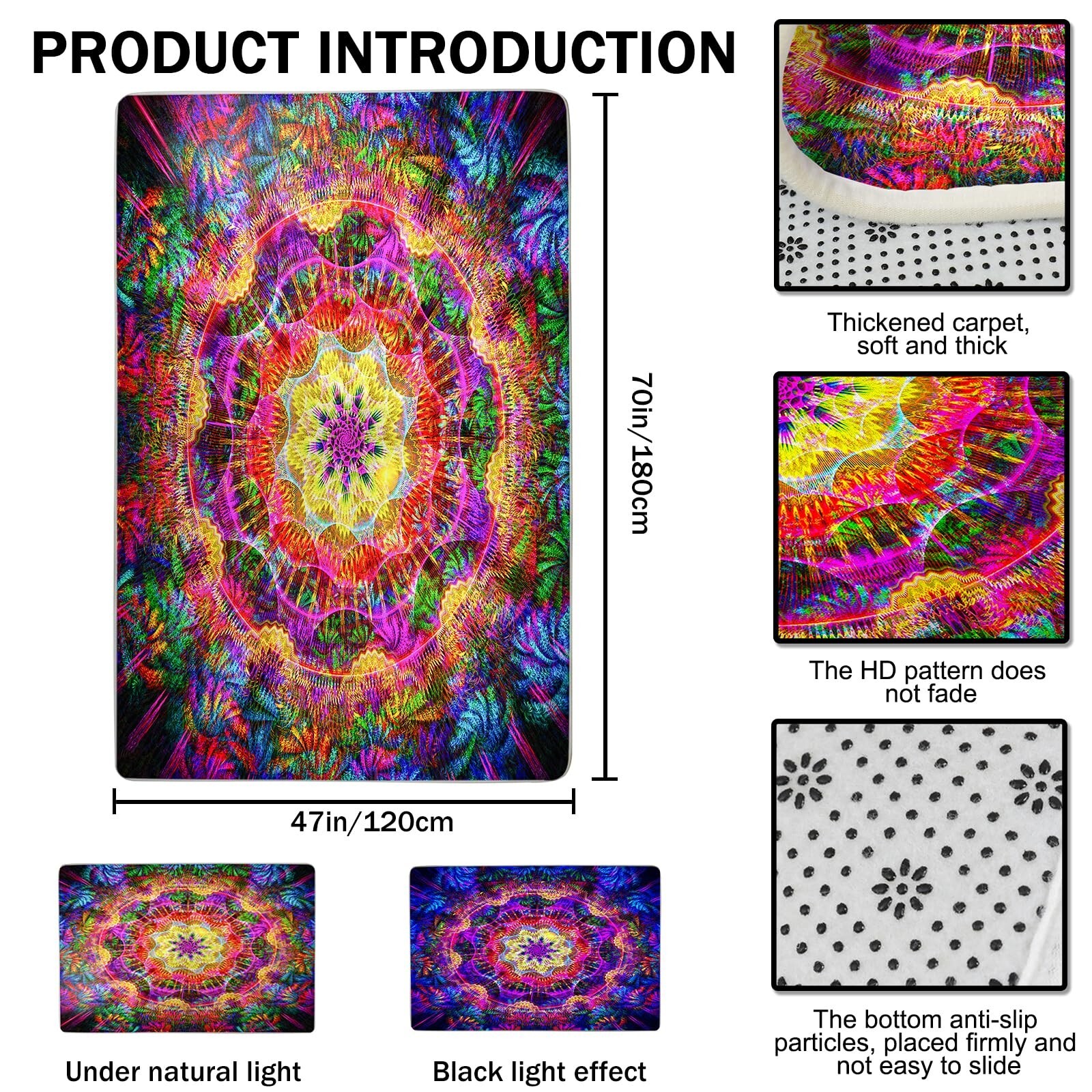 Trippy Mandala Area Rug Black Light,Large UV Reactive Glow in The Dark Boho N…