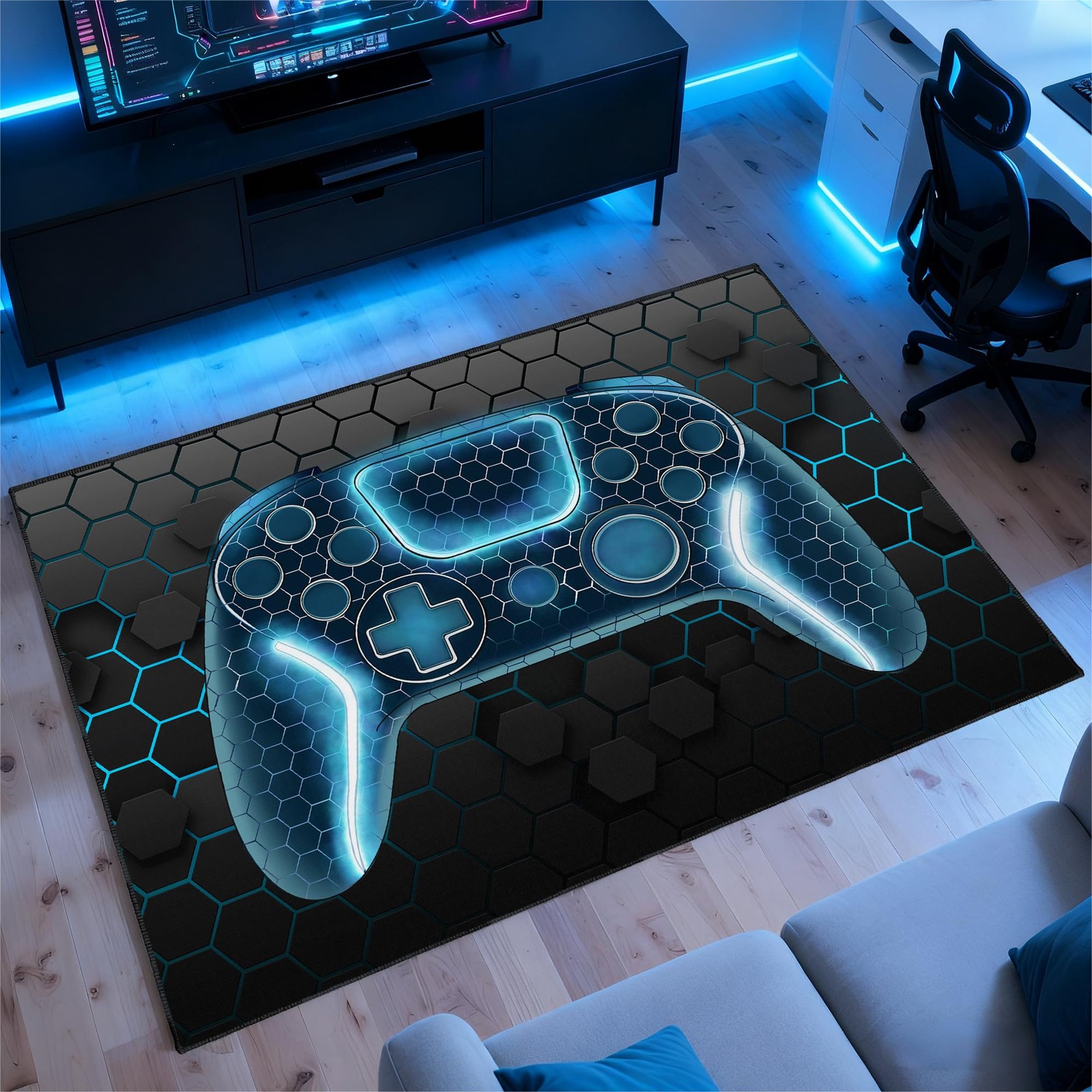 Gamer Rug for Room,3×5 ft Non-Slip Blue Gaming Rugs for Bedroom Living Room a…