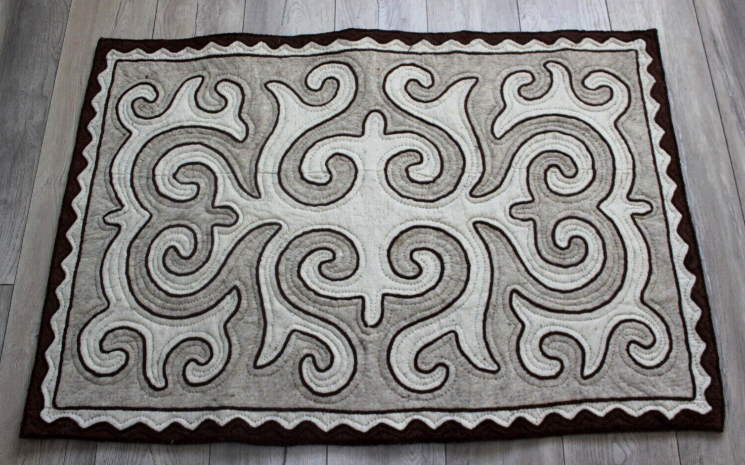 Handmade Area Rug SHYRDAK Traditional Kyrgyz Wool Felt Carpet Gray Beige
