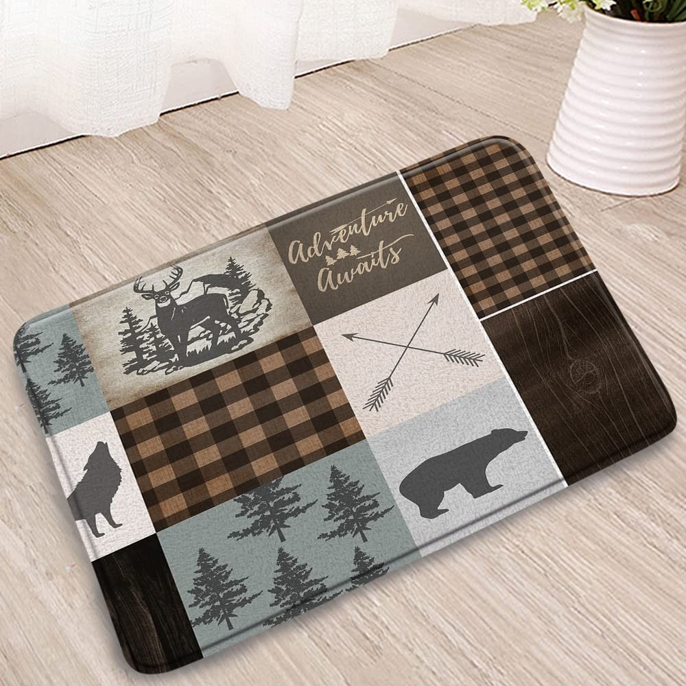 Cabin Bathroom Mat Retro Rustic Lodge Bear Moose Deer Elk Wolf Forest Adventu…