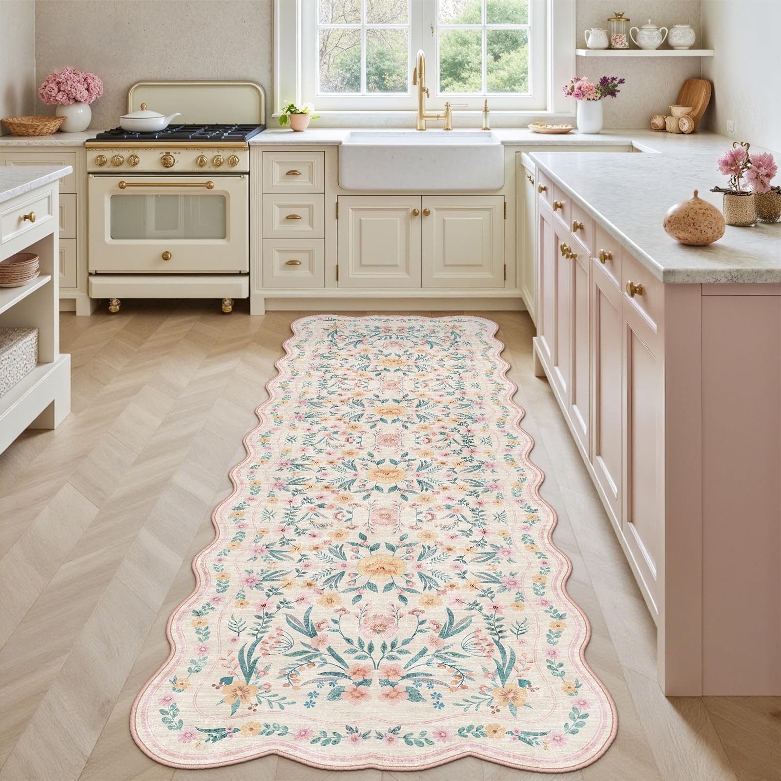 Dadasgk Scalloped Floral Runner Rug 2×6, Pink Washable Non-Slip Boho Hallway …