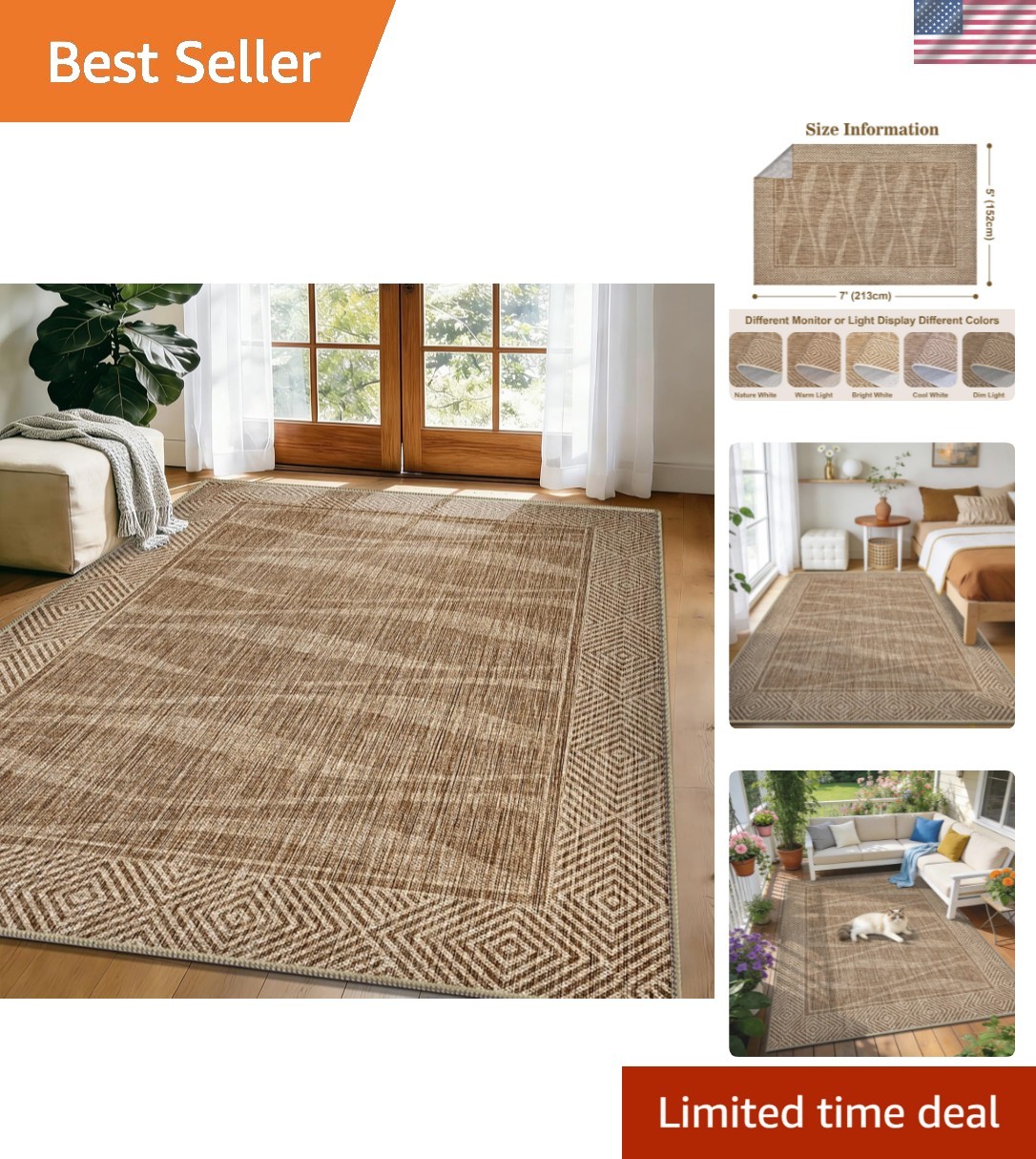 Jute Rug 5×7 Outdoor Patio Rug with Border, Washable Rugs for Living Room, Fa…