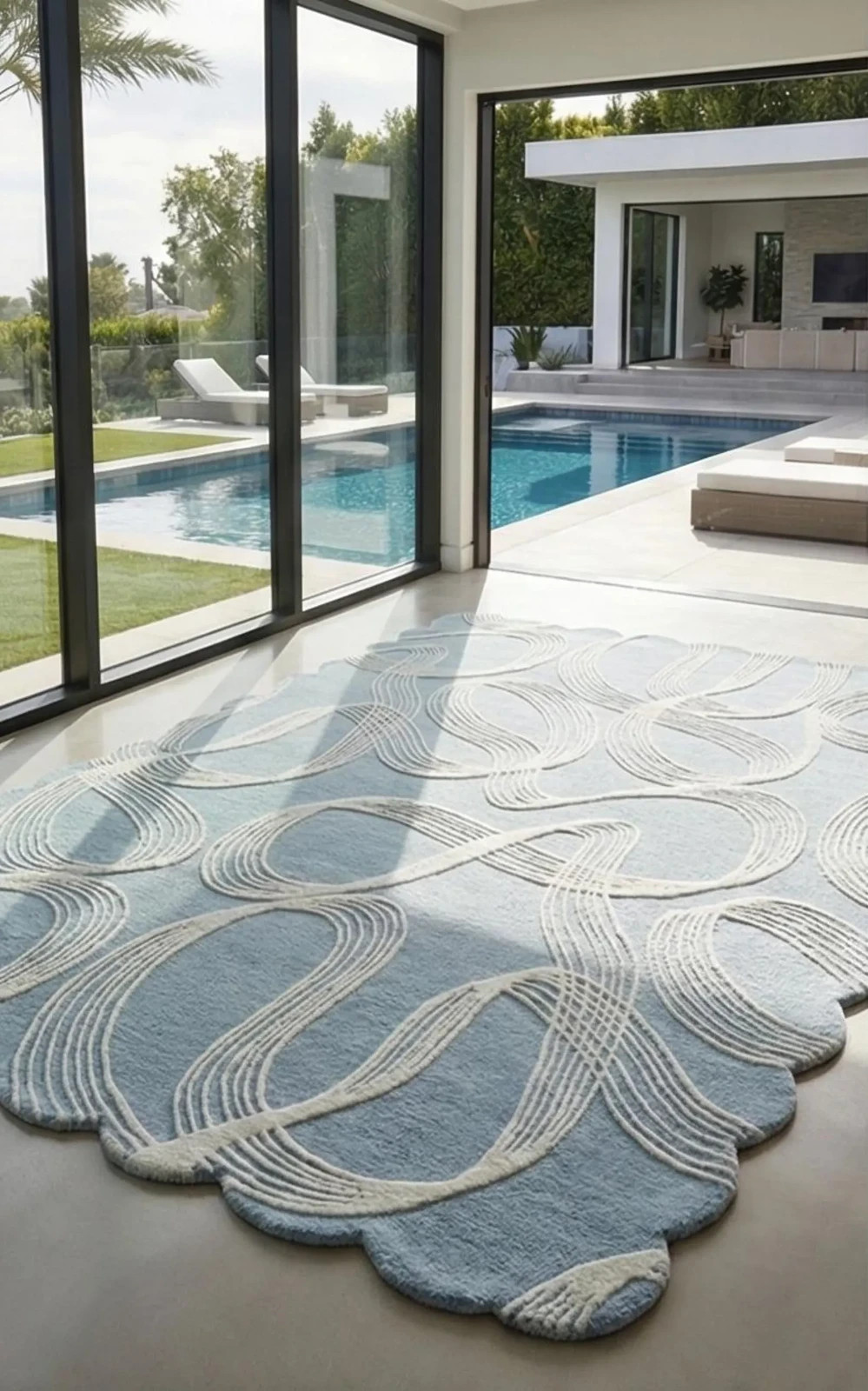 Modern Scalloped Edge Area Rug – Cloud Blue & White Wave Pattern – 3D Sculpted