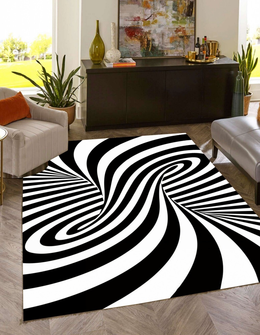3D Black White Spiral Striped Abstract Rug Washable Non Shedding Durable Carpet