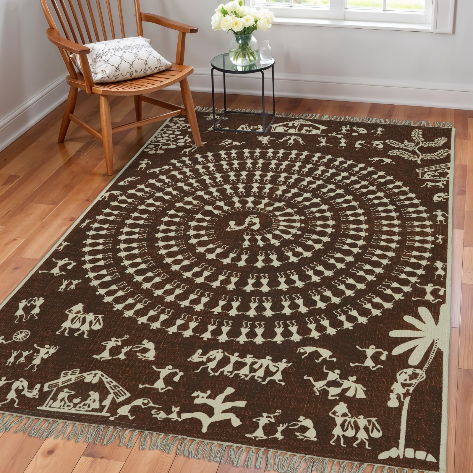 Hand Block Printed Warli Tribal Cotton Area Rug Brown Boho Flat Weave 4×6 Rug