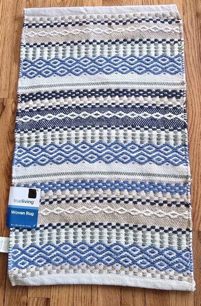 2 NEW True Living Woven Scatter Rug Blue/ Green/ Off White – about 18 ”x28”