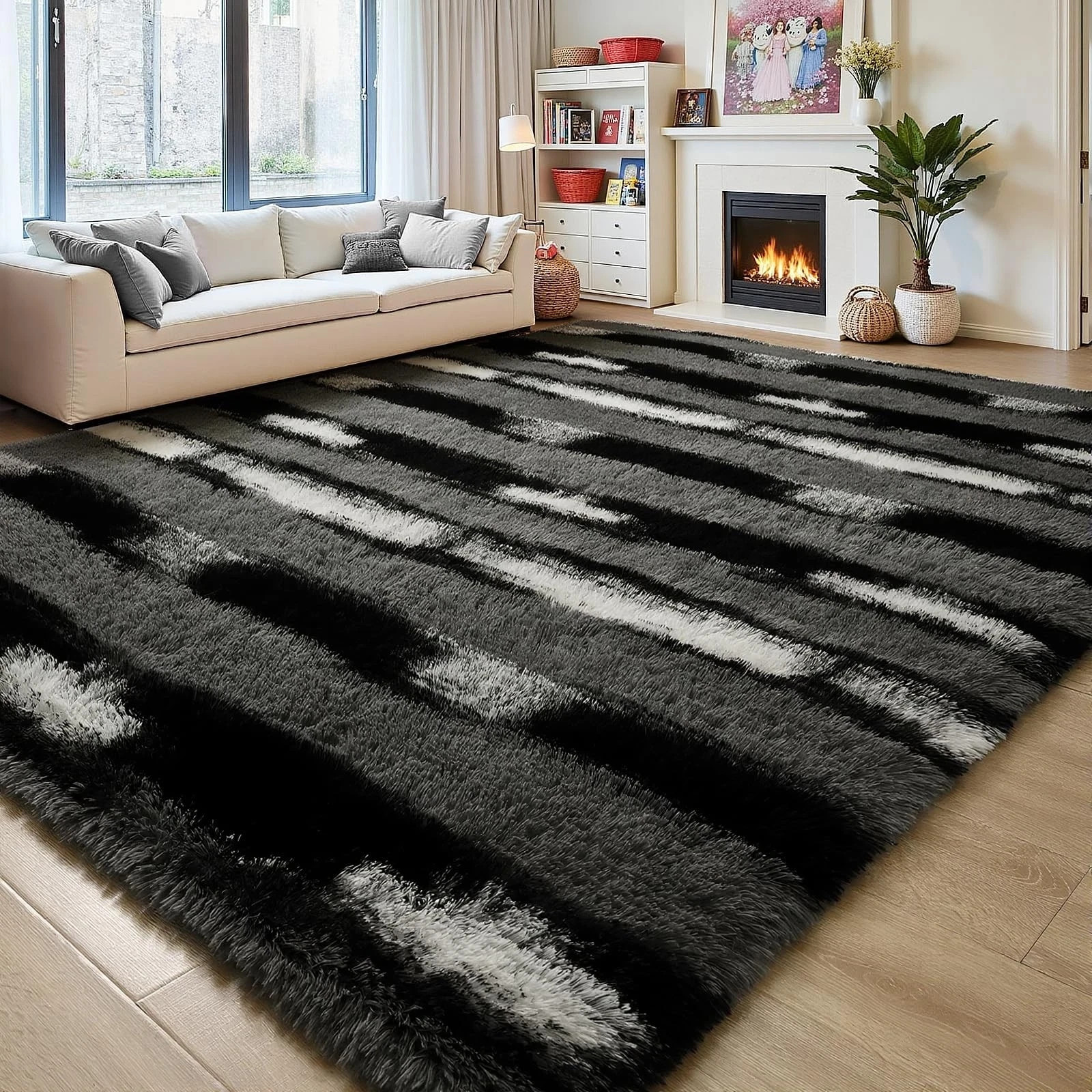 Fluffy Area Rugs for Bedroom Living Room, 4×6 Black and Grey Soft Plush Strip…