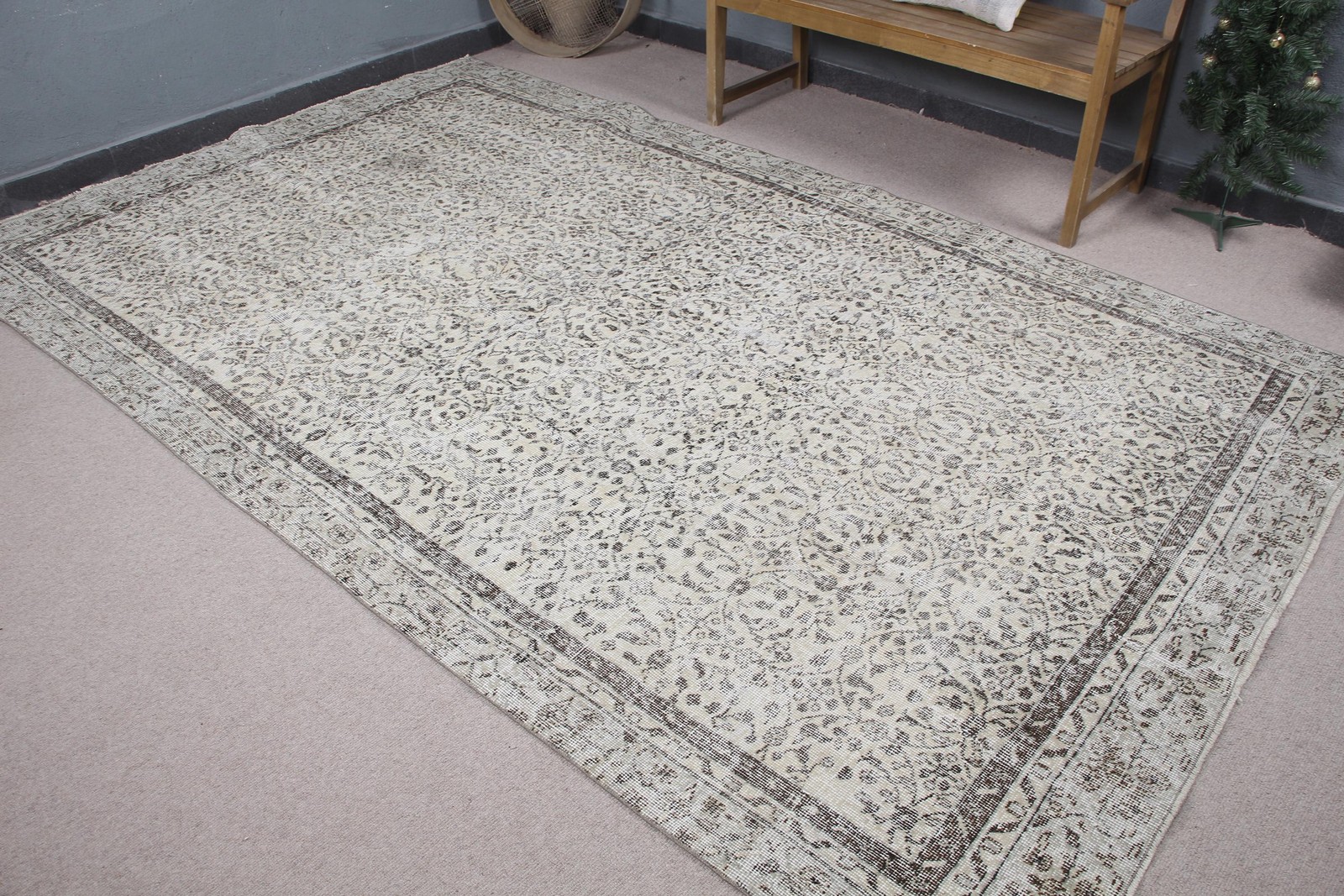 Turkish Rug, Large 6,4×10,4 ft Vintage Rug, Gray Brown Handmade Wool Rug