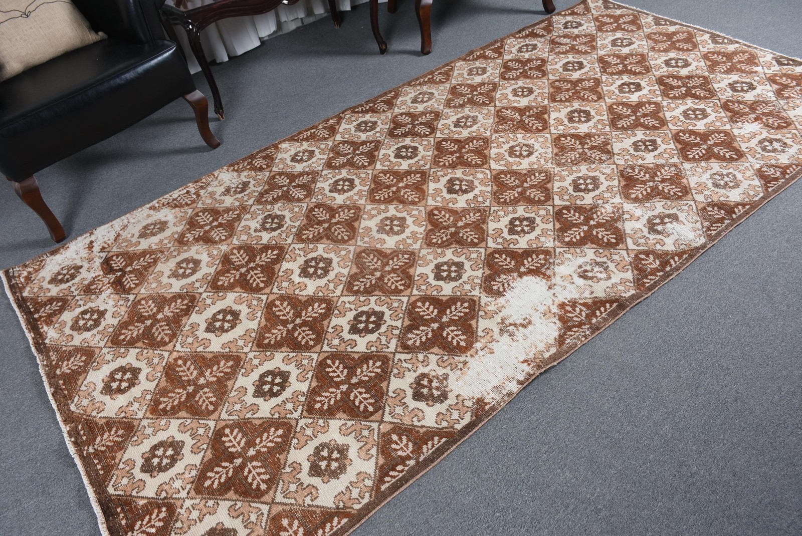 Vintage Rug, 4,8×9,4 ft Turkish Rug, Brown Camouflage Wool Rug