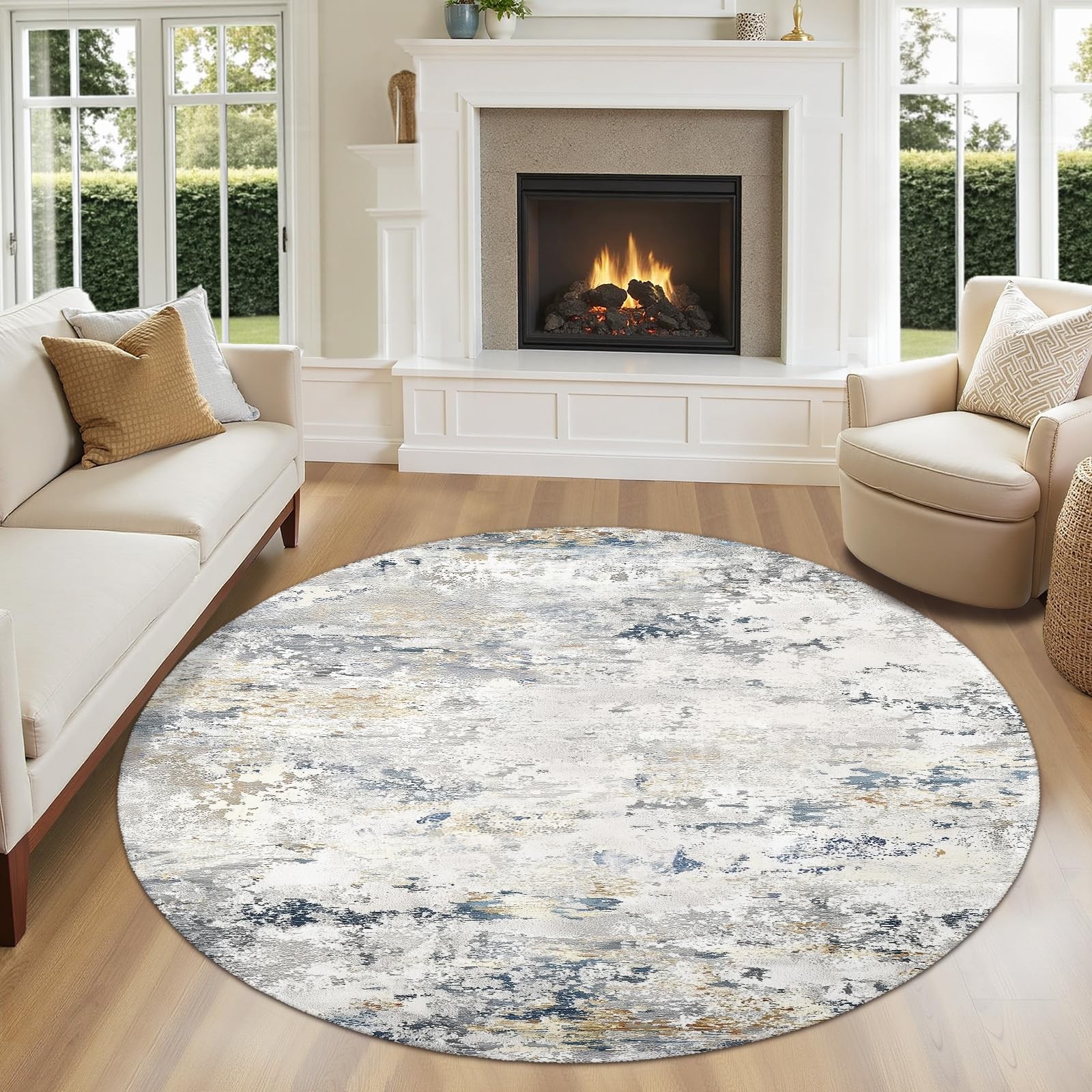 Blue Cream Gray Round Area Rug 5ft,Machine Washable Neutral Navy Beige Grey R…