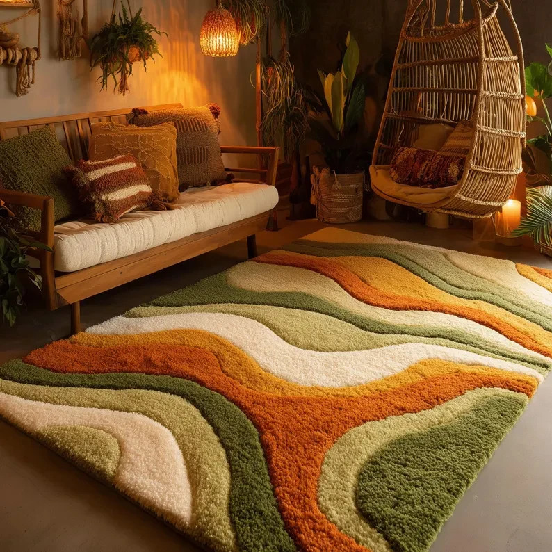Large Wavy Area Rug — Retro Boho Shag Tufted Rug, Mid-Century Modern Living Room