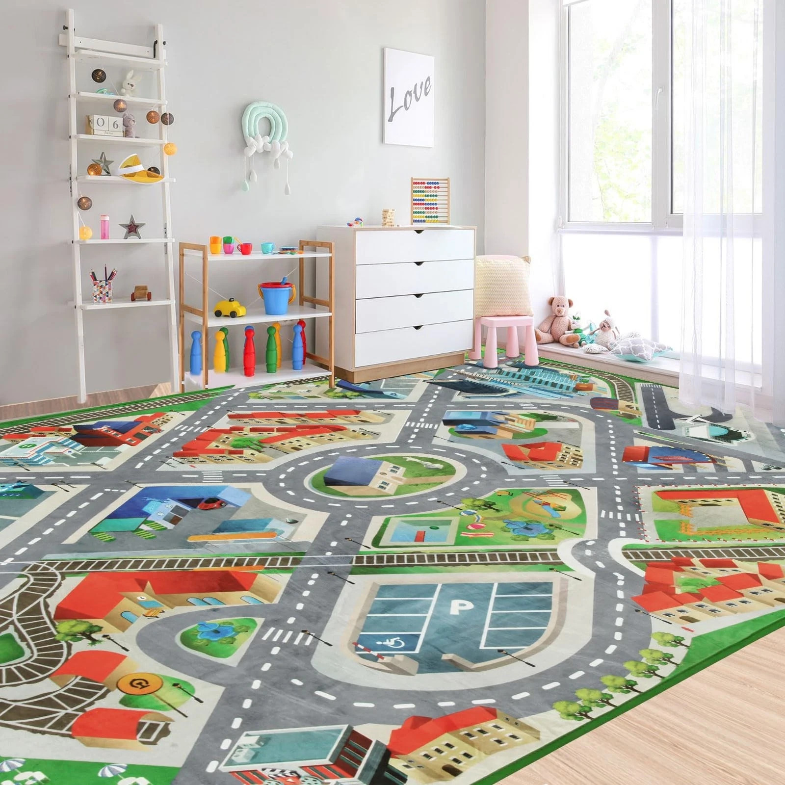 Large Kids Play Mat Rug 48″ x 71″ – City Car Road Map Playroom Carpet for Boys