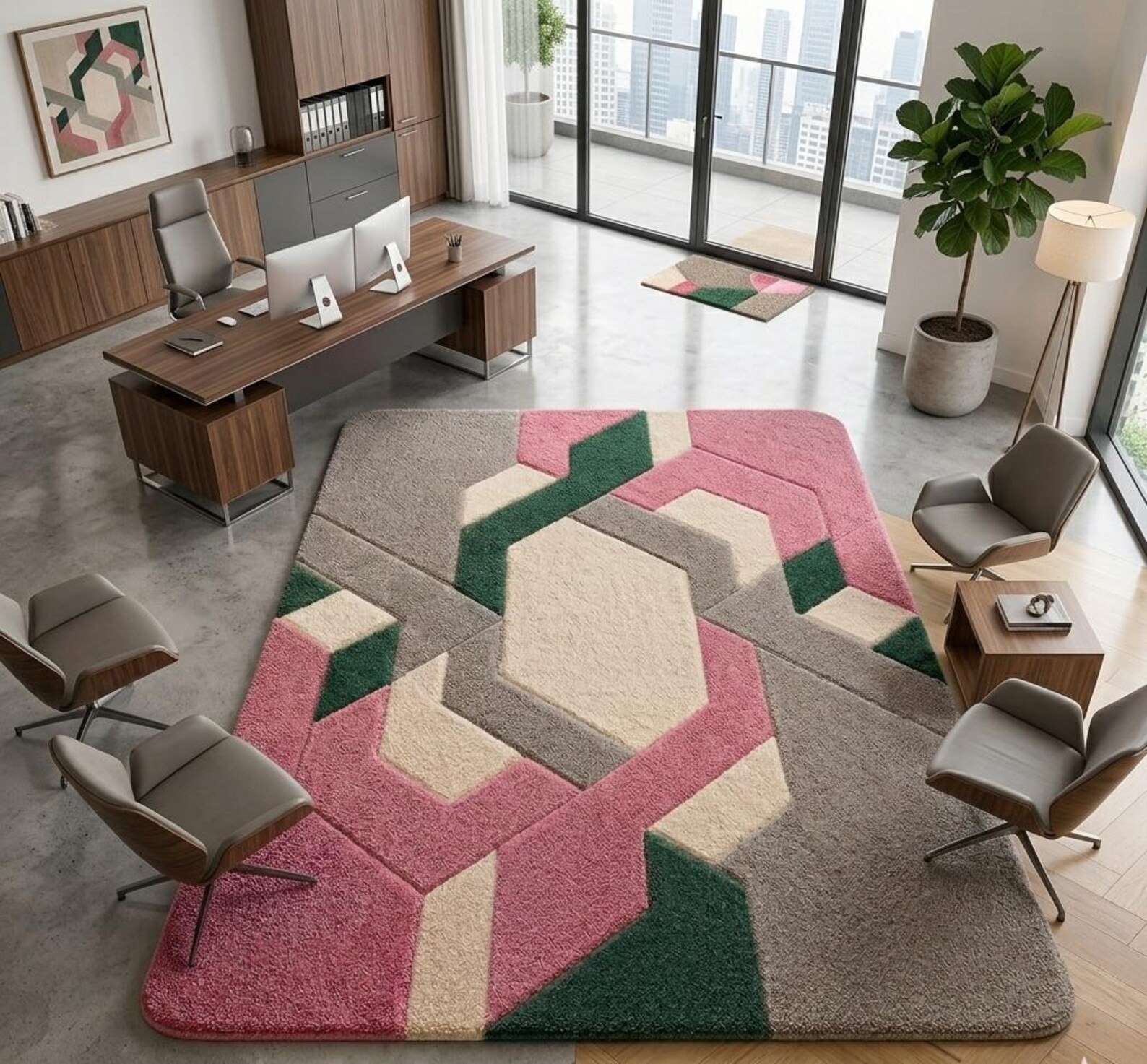Hand Tufted Wool Rug Pink Green Geometric Abstract 9×12 Modern Living Room Carpe