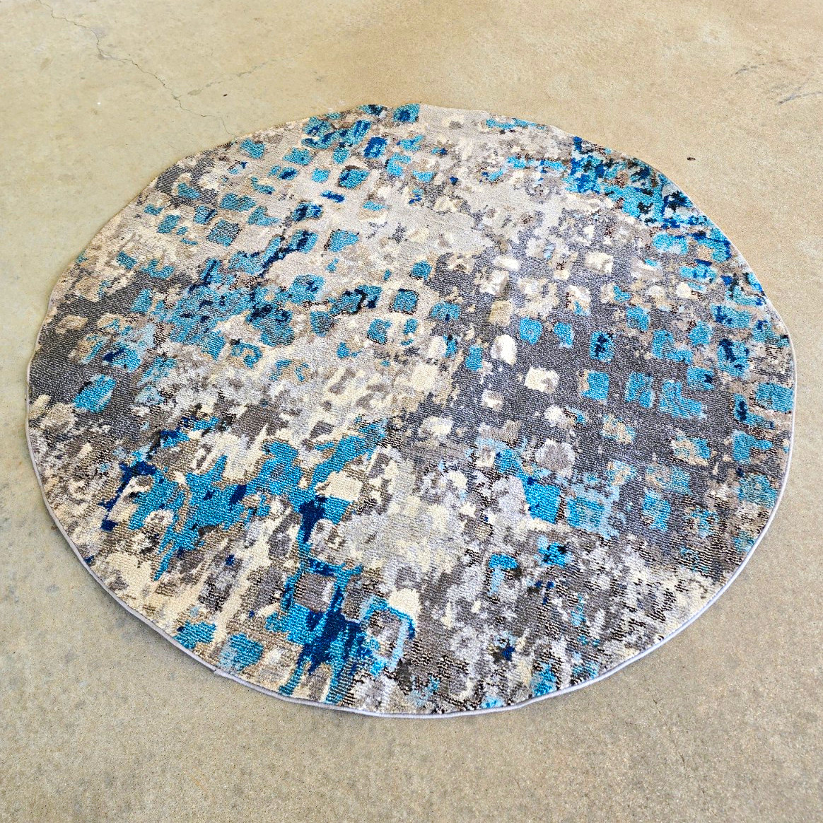 Round Abstract Contemporary Area Rug Gray Blue Beige 6 ft (0.25 in Thick)