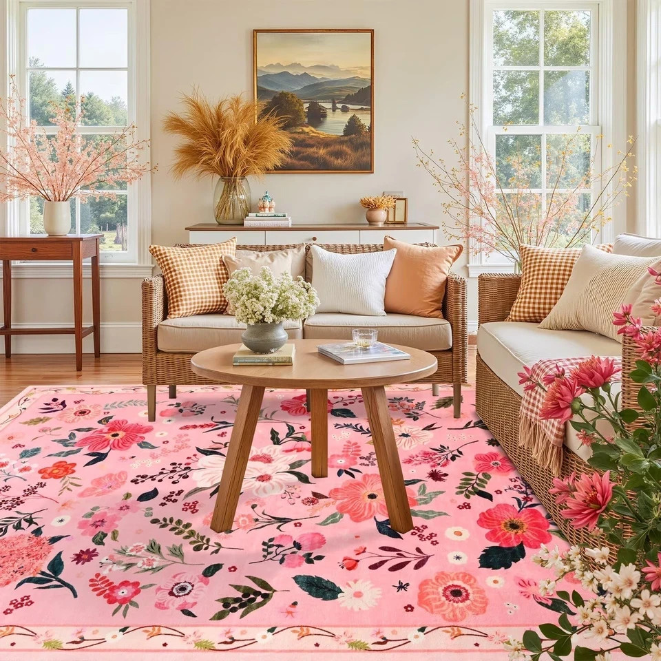 5×7 Pink Floral Rug for Living Room, Machine Washable Area Rugs with Non Slip…
