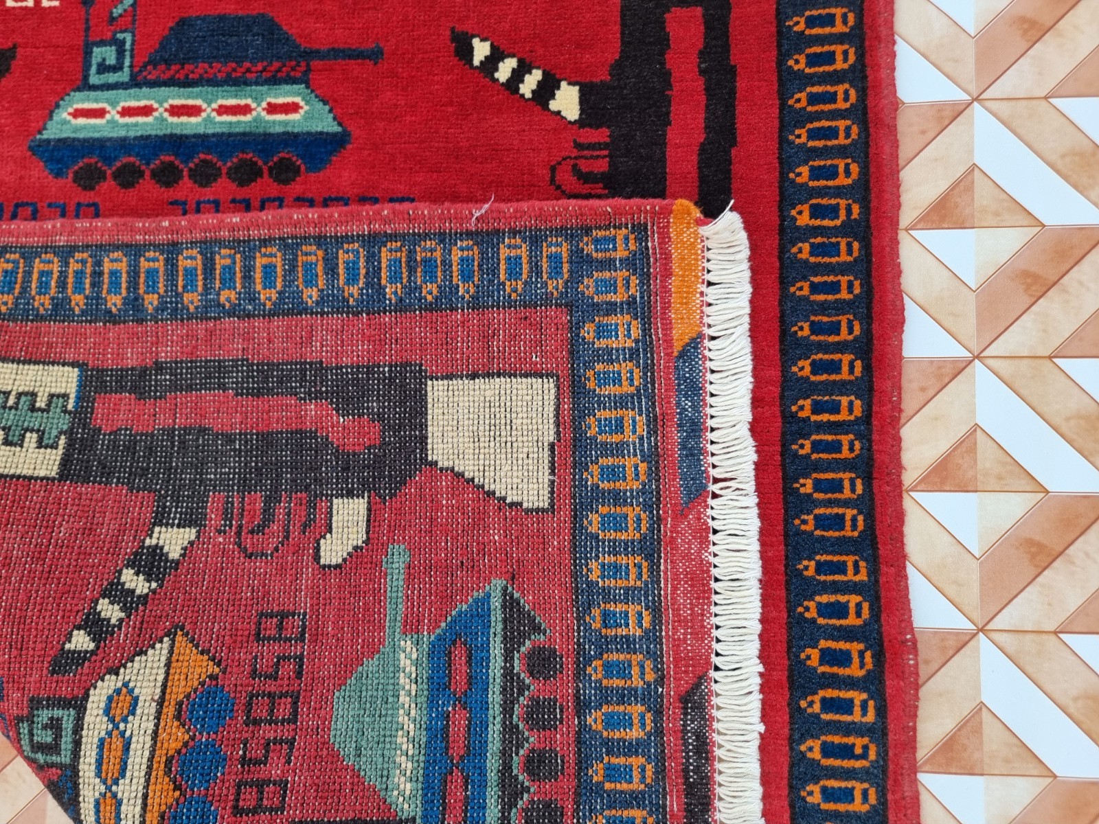 Afghan War Rug Handmade Wool Military Tank Carpet Red Tribal knotted war Art
