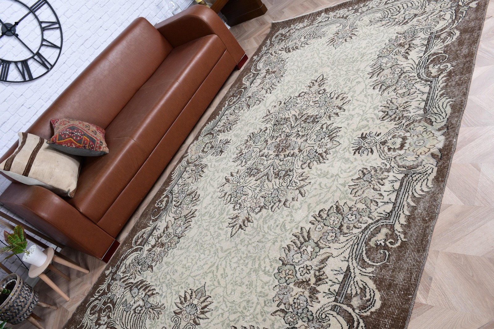 Turkish Vintage Rug, 5,8×9,4 ft Rug, Brown Gray Check Wool Rug
