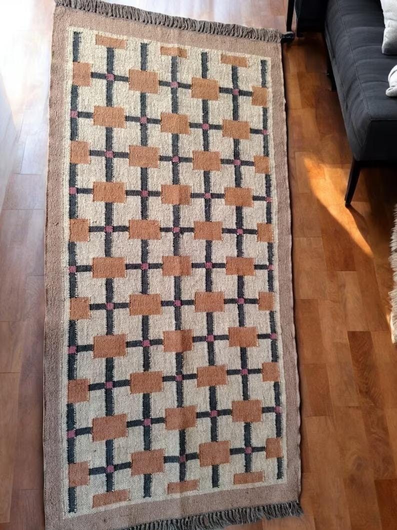 Handwoven Wool Jute Kilim Rug: Bohemian Flatweave Dhurrie 5×8 ft, Custom Size